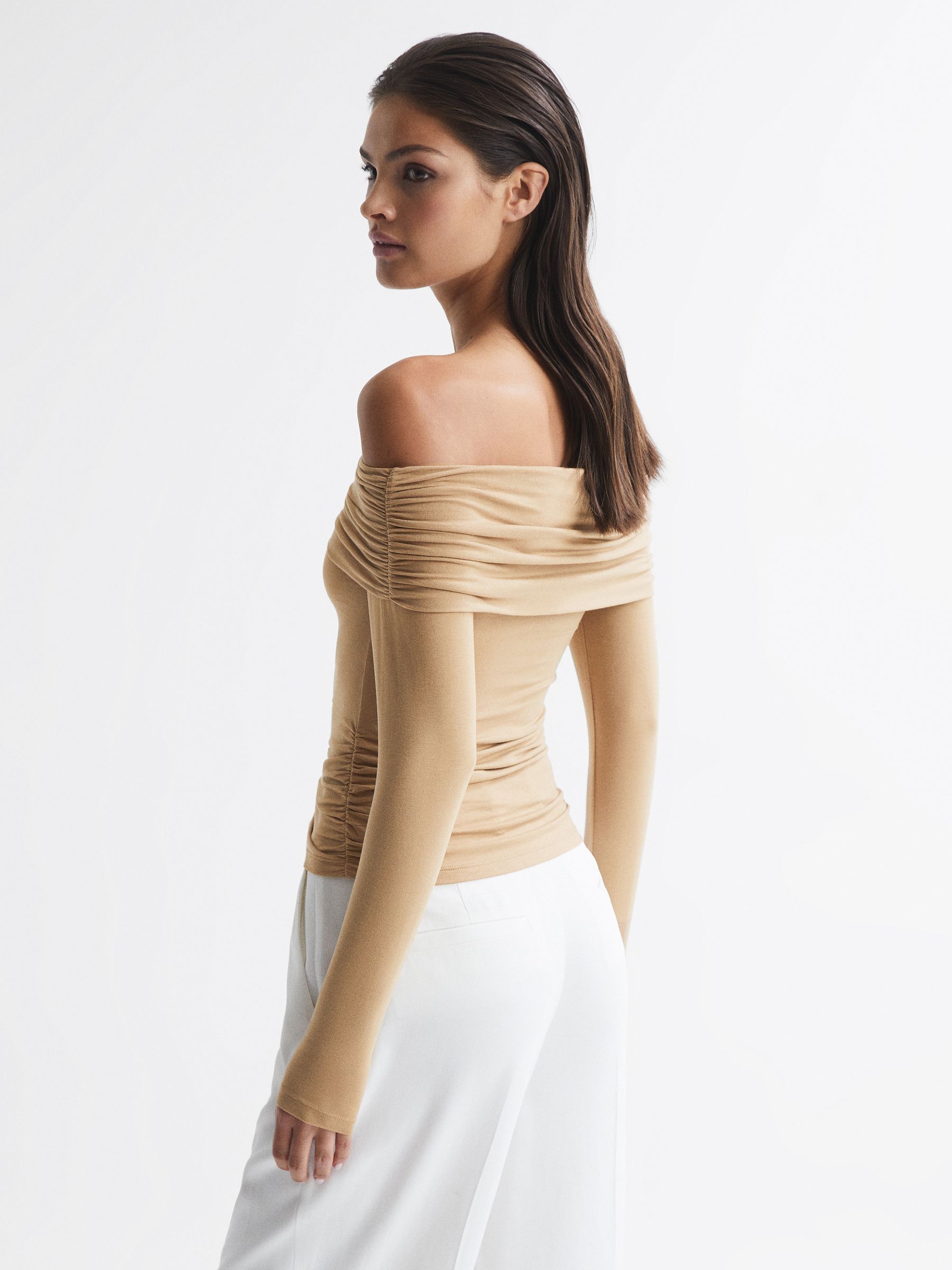 Off-Shoulder Long Sleeve Top in Camel - Image 5 of 7