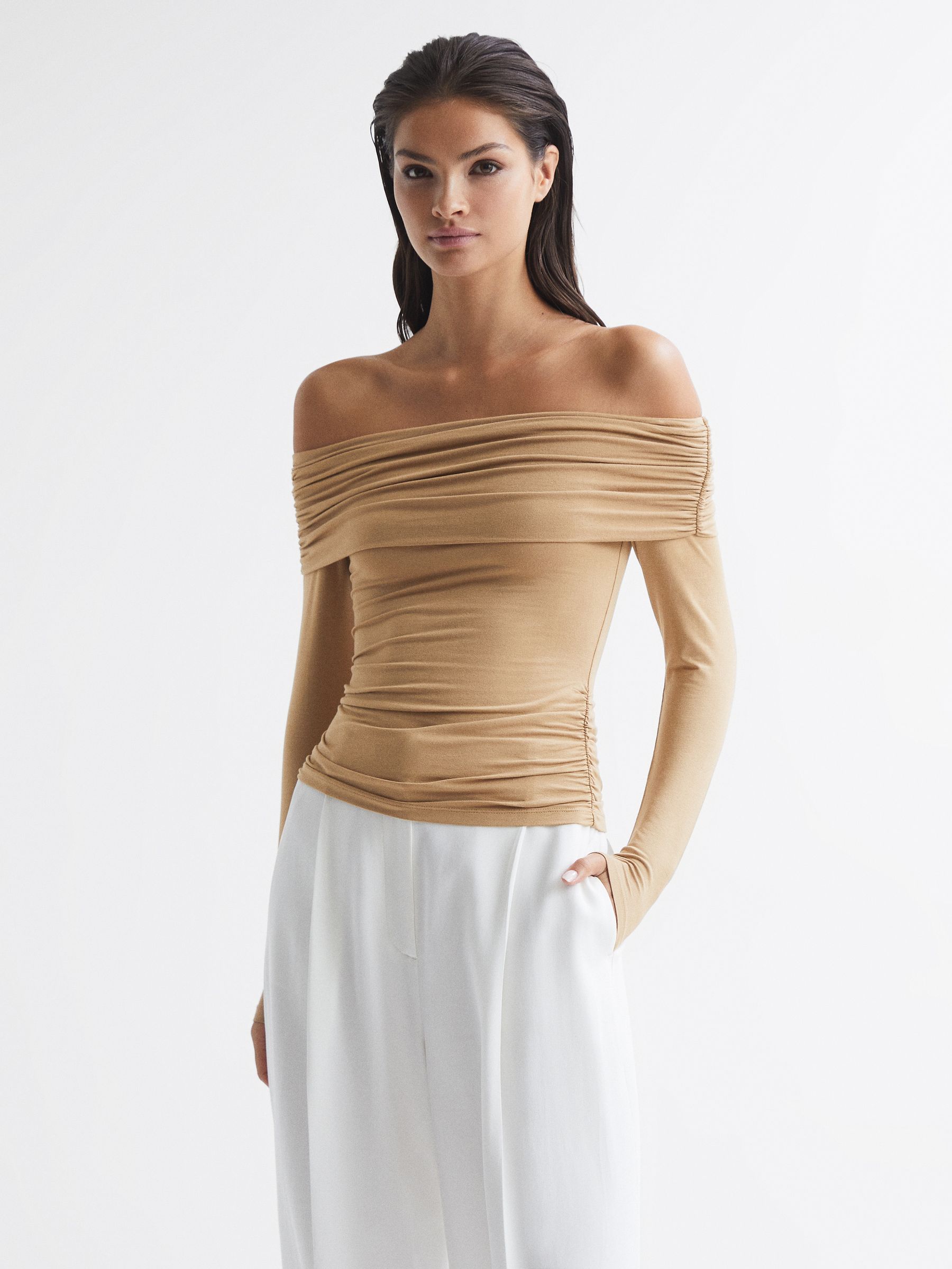Off-Shoulder Long Sleeve Top in Camel - Image 6 of 7