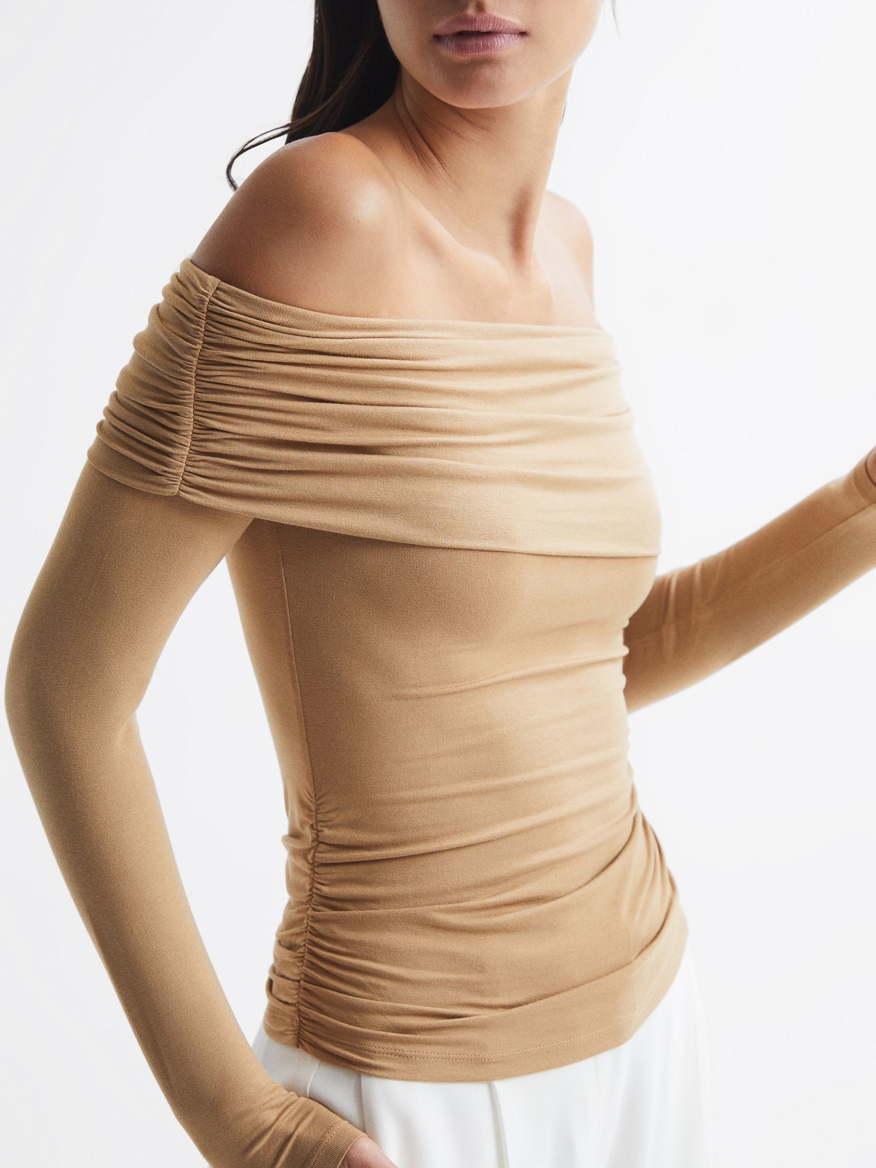 Off-Shoulder Long Sleeve Top in Camel - Image 7 of 7