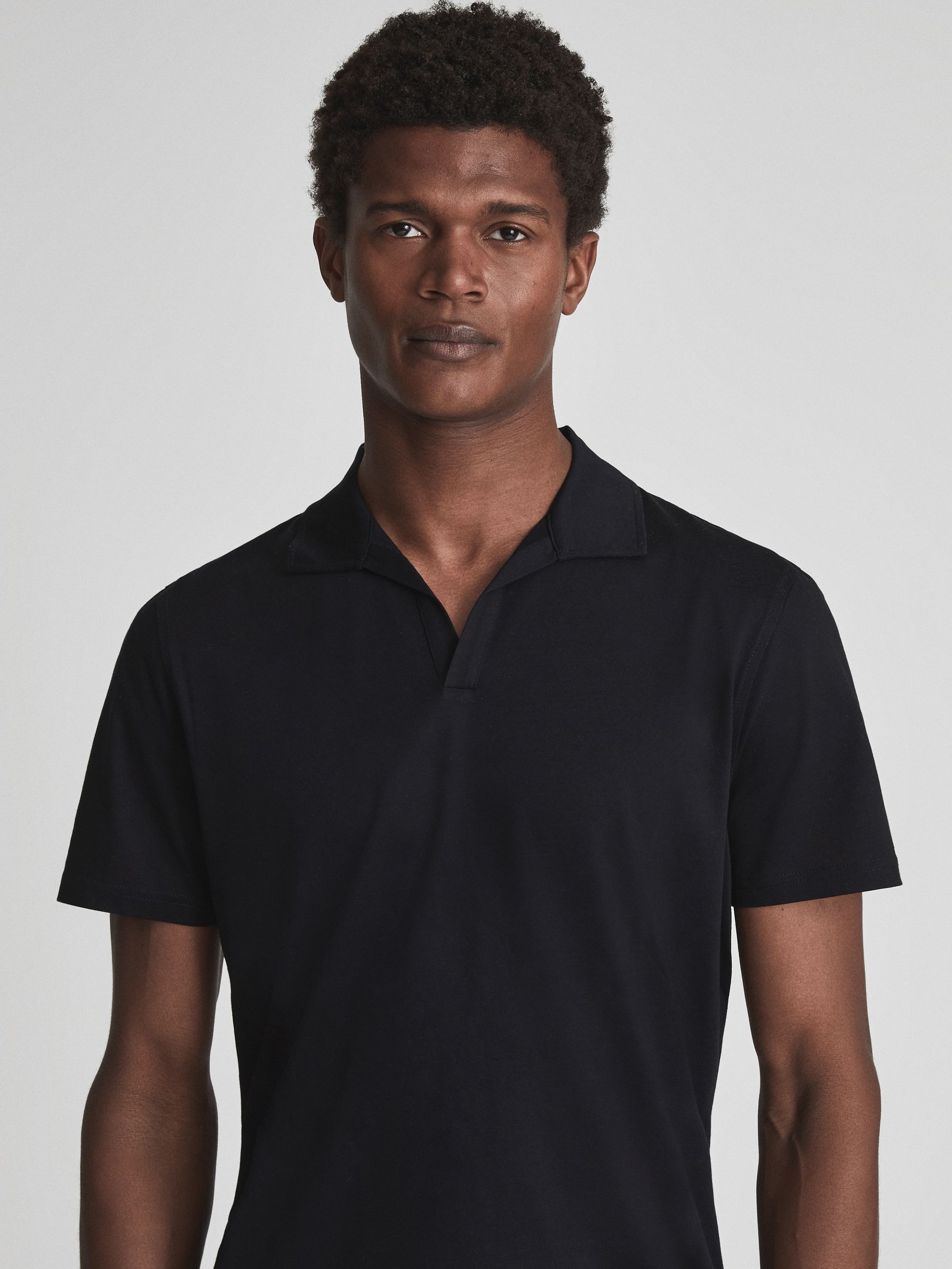 Mercerised Open Collar Polo T-Shirt in Navy - Image 1 of 6