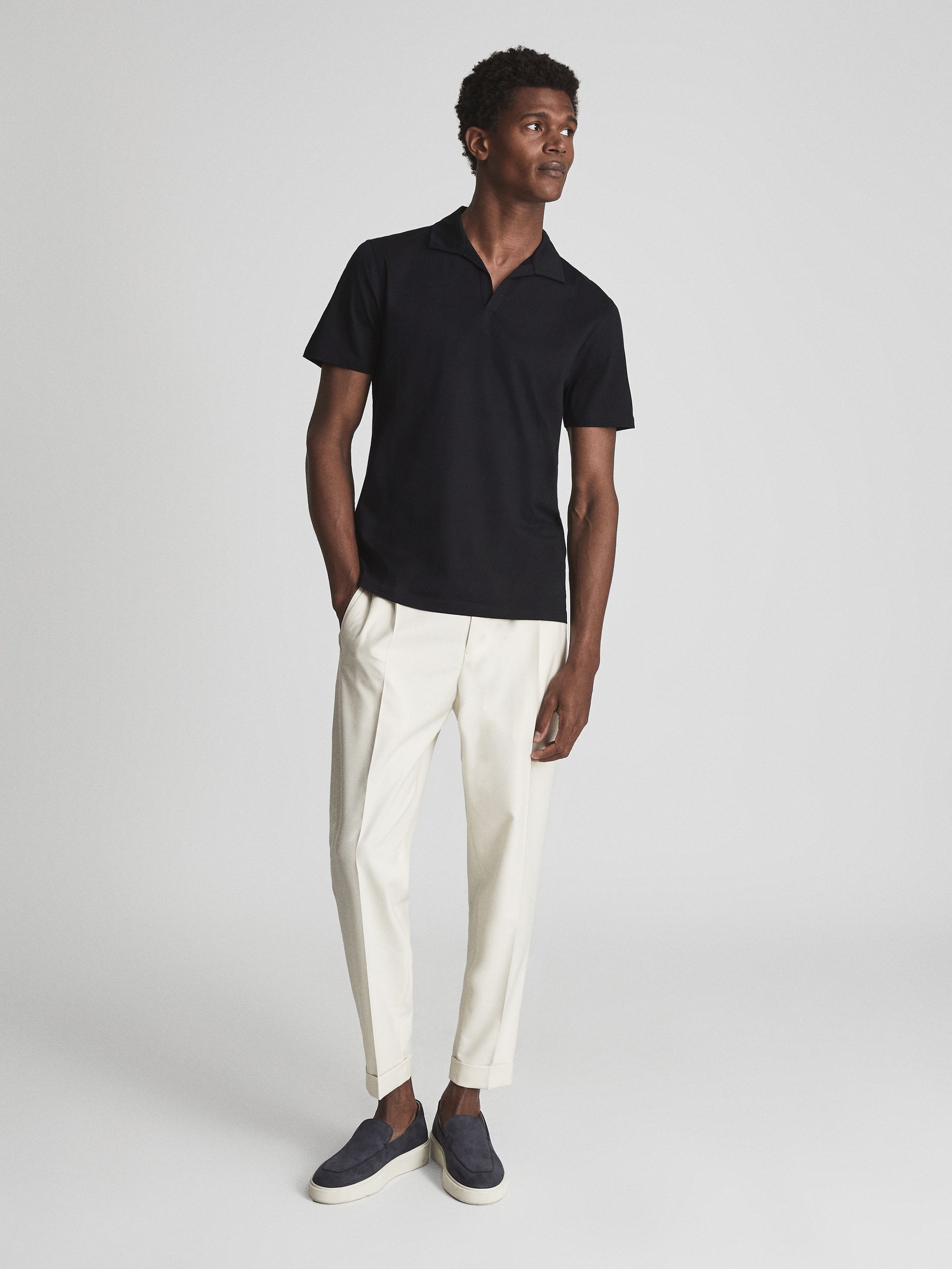 Mercerised Open Collar Polo T-Shirt in Navy - Image 3 of 6