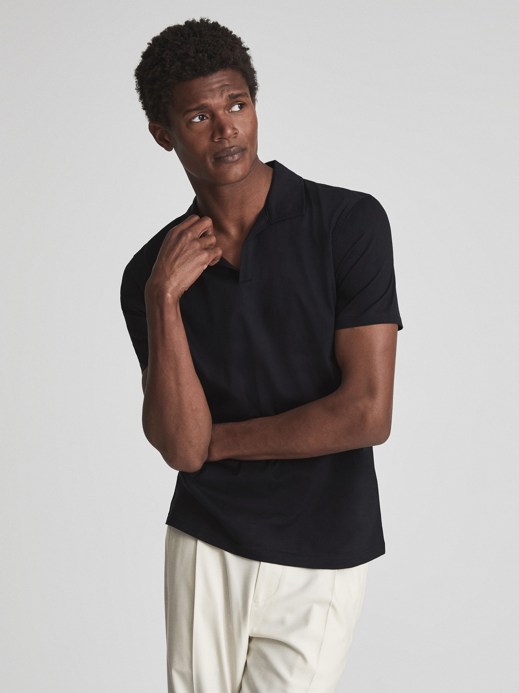 Mercerised Open Collar Polo T-Shirt in Navy - Image 4 of 6