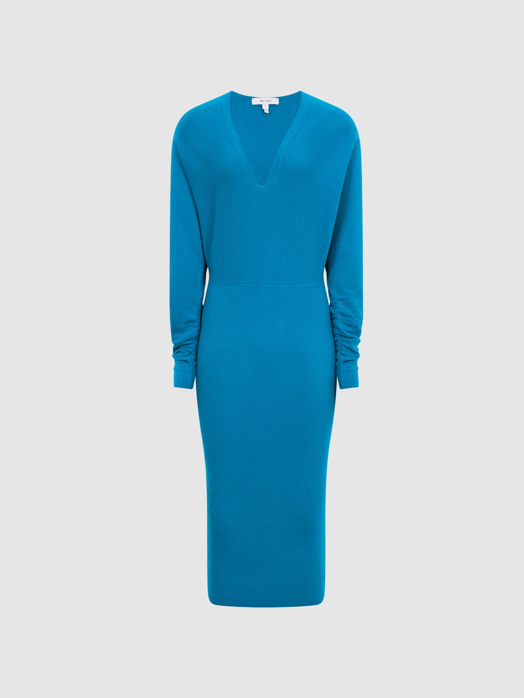 Ruched Long Sleeve Midi Dress in Blue - Image 2 of 6