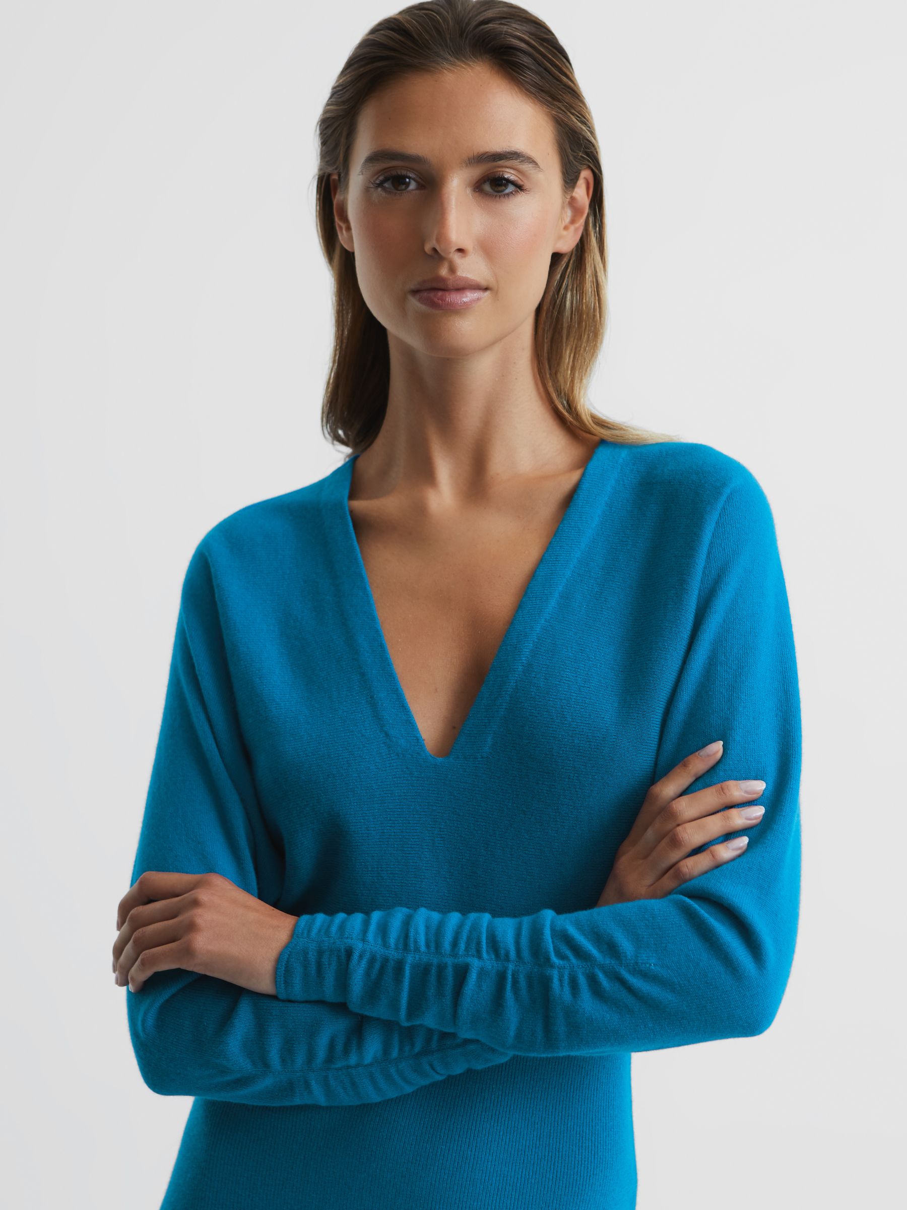 Ruched Long Sleeve Midi Dress in Blue - Image 4 of 6