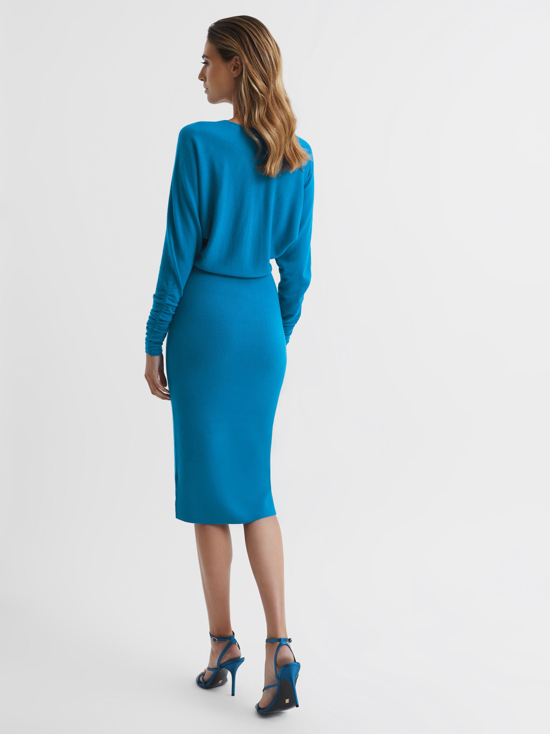 Reiss Ruched Long Sleeve Midi Dress in Blue | REISS
