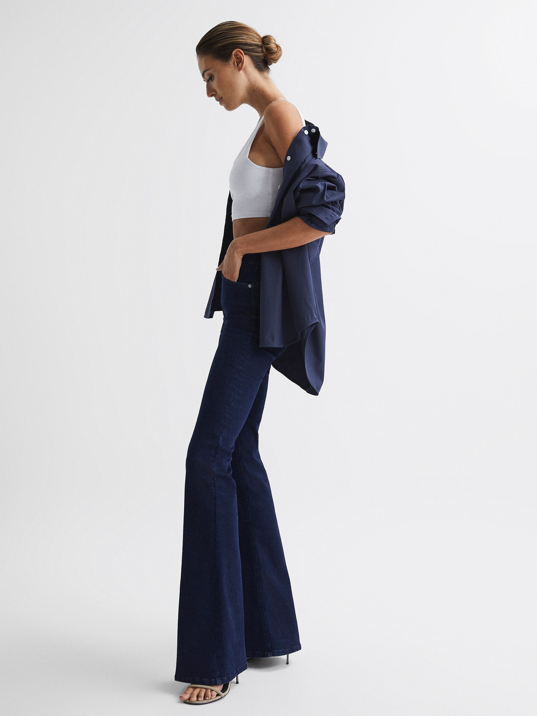 Contour High Rise Flared Jeans in Dark Blue - Image 7 of 9