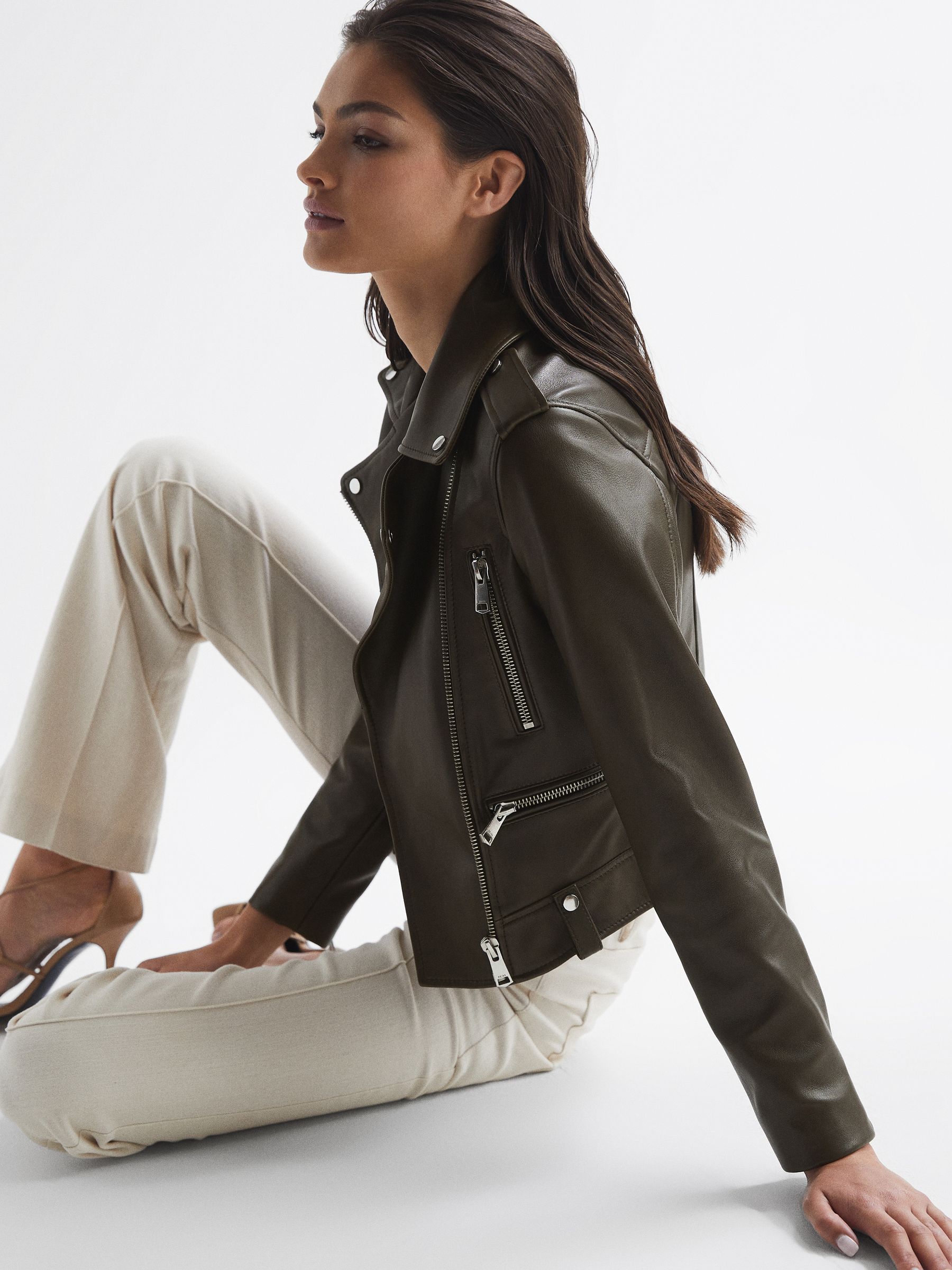 Leather Biker Jacket in Green - Image 1 of 8