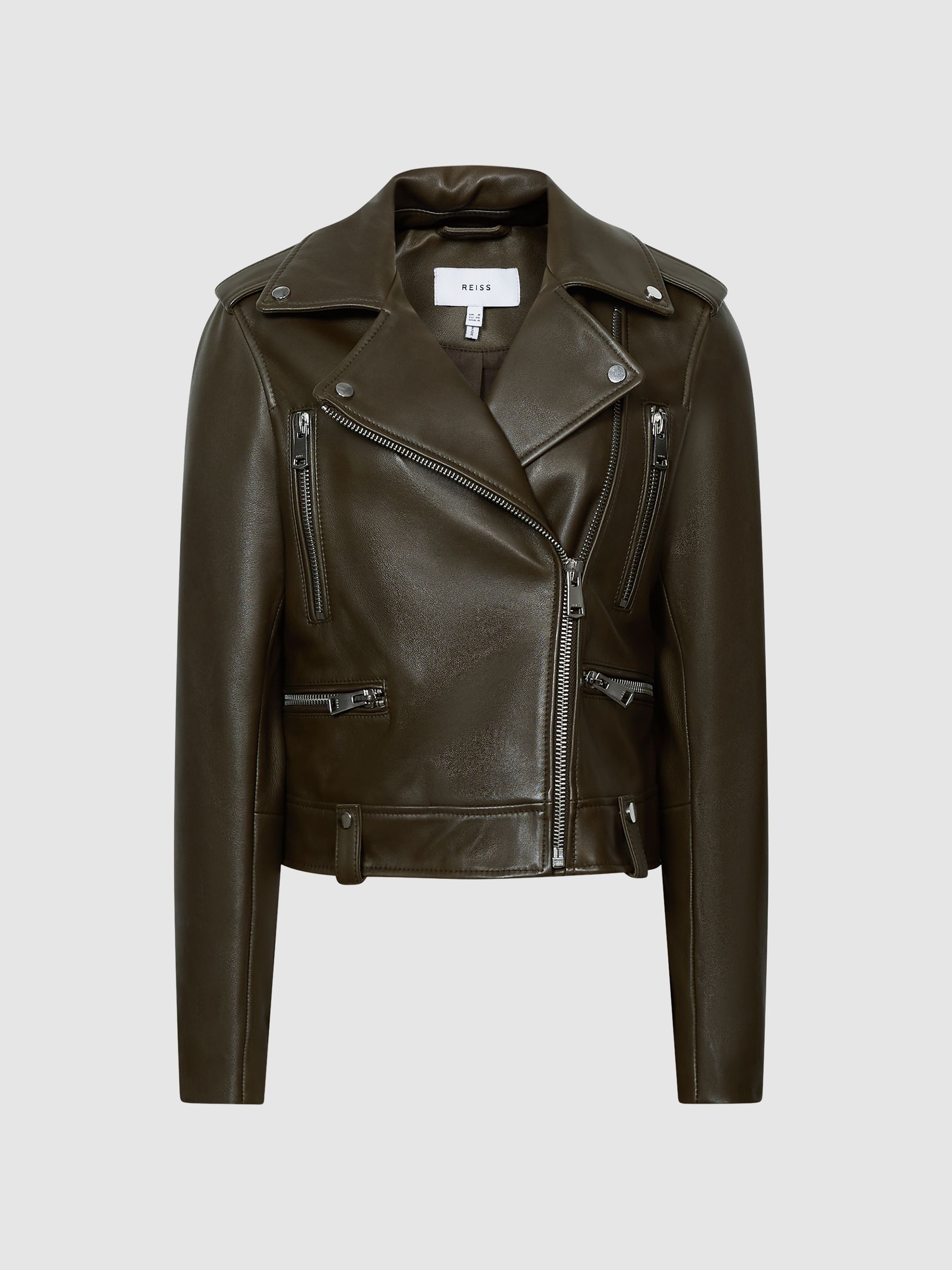 Leather Biker Jacket in Green - Image 3 of 8