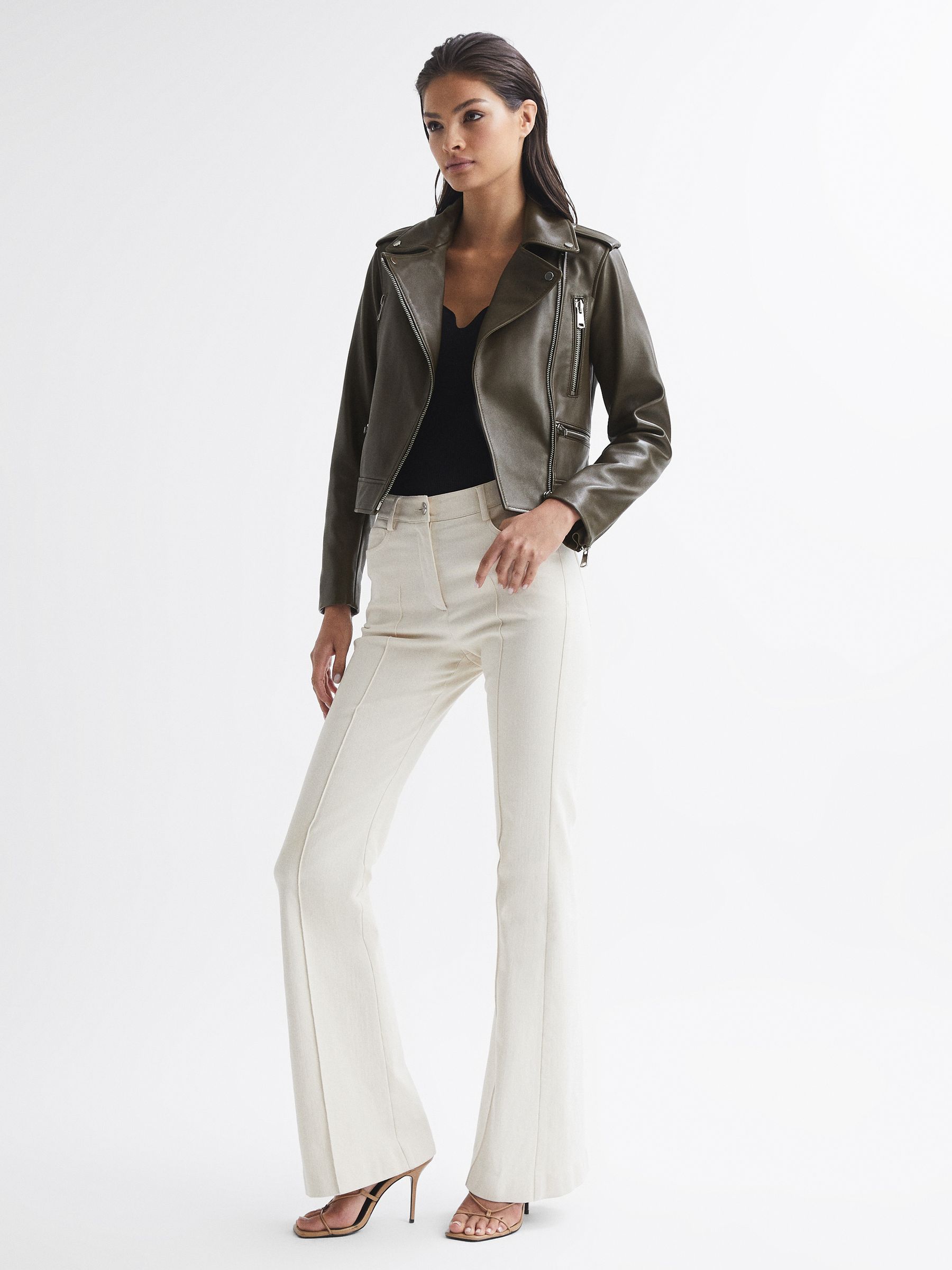 Leather Biker Jacket in Green - Image 4 of 8