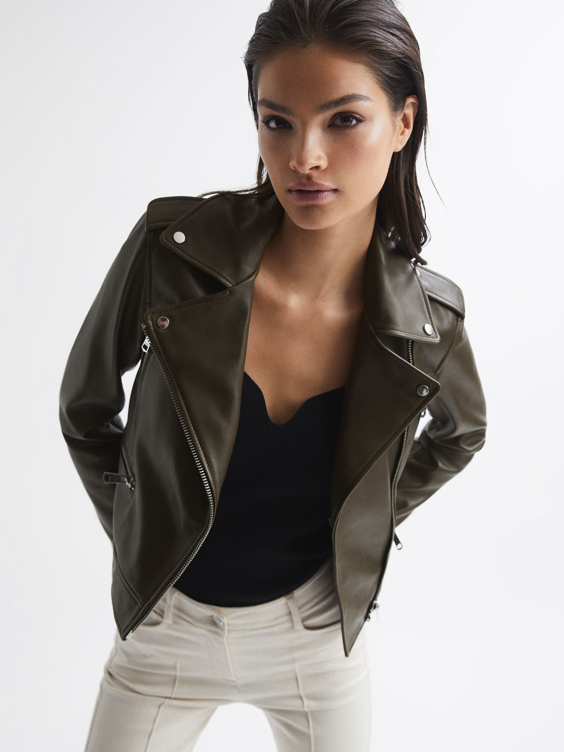 Leather Biker Jacket in Green - Image 7 of 8