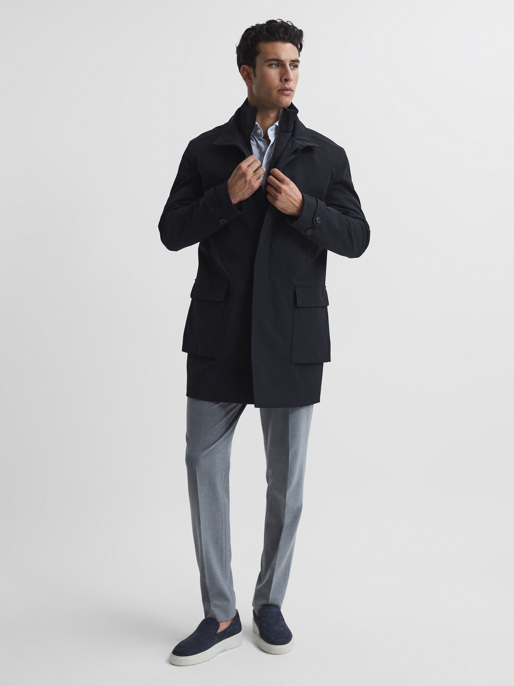 Funnel Neck Dual Close Quilted Jacket in Navy - Image 3 of 8