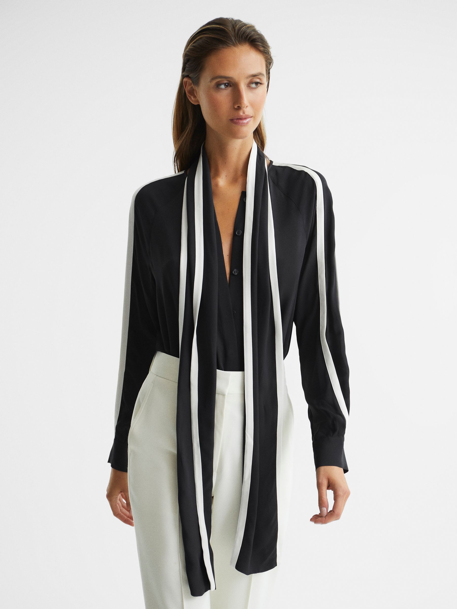 Tipped Sleeve Blouse in Black/Ivory - Image 1 of 7