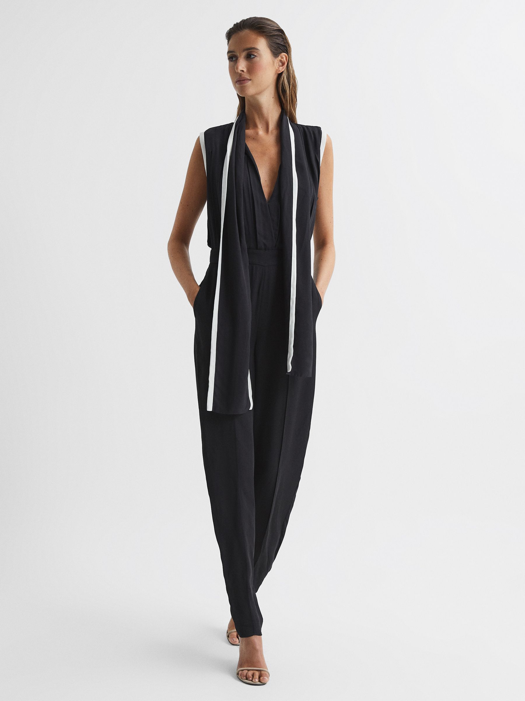 Reiss Plunge Neck Ruche Midi Dress in Teal | REISS