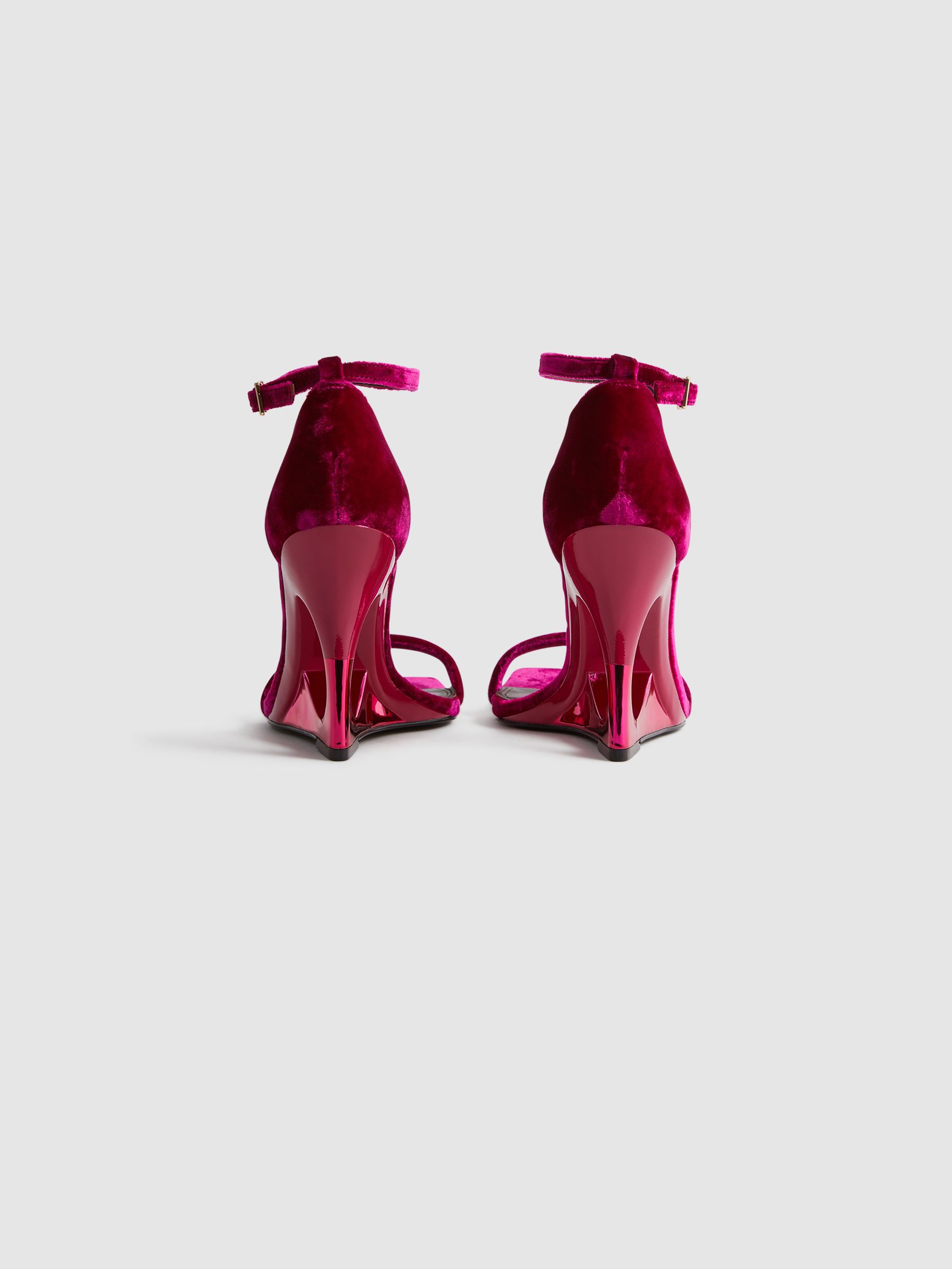 Velvet Strappy Wedge Heels in Pink - Image 4 of 5