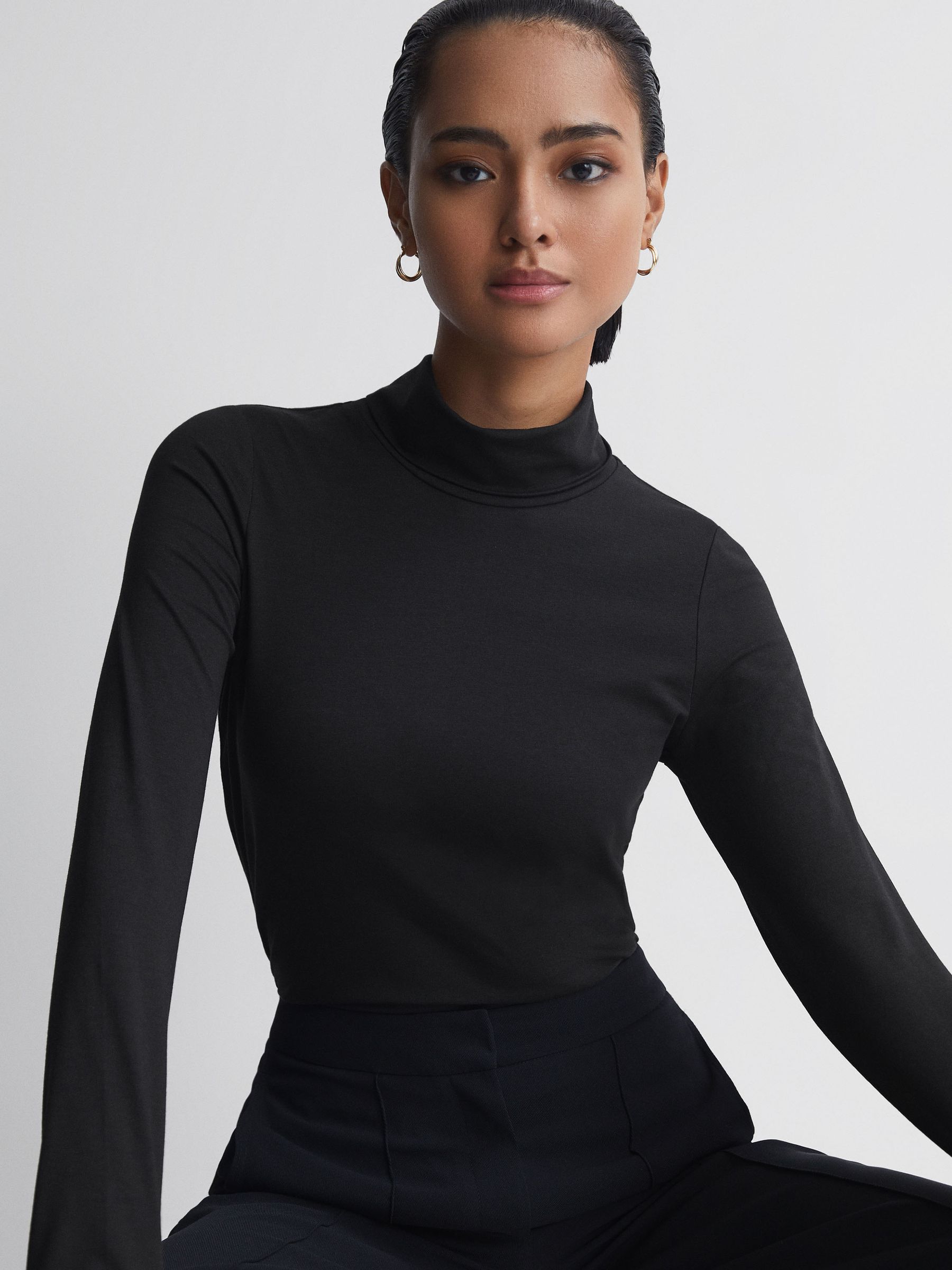 Fitted Roll Neck T-Shirt in Black - Image 1 of 5
