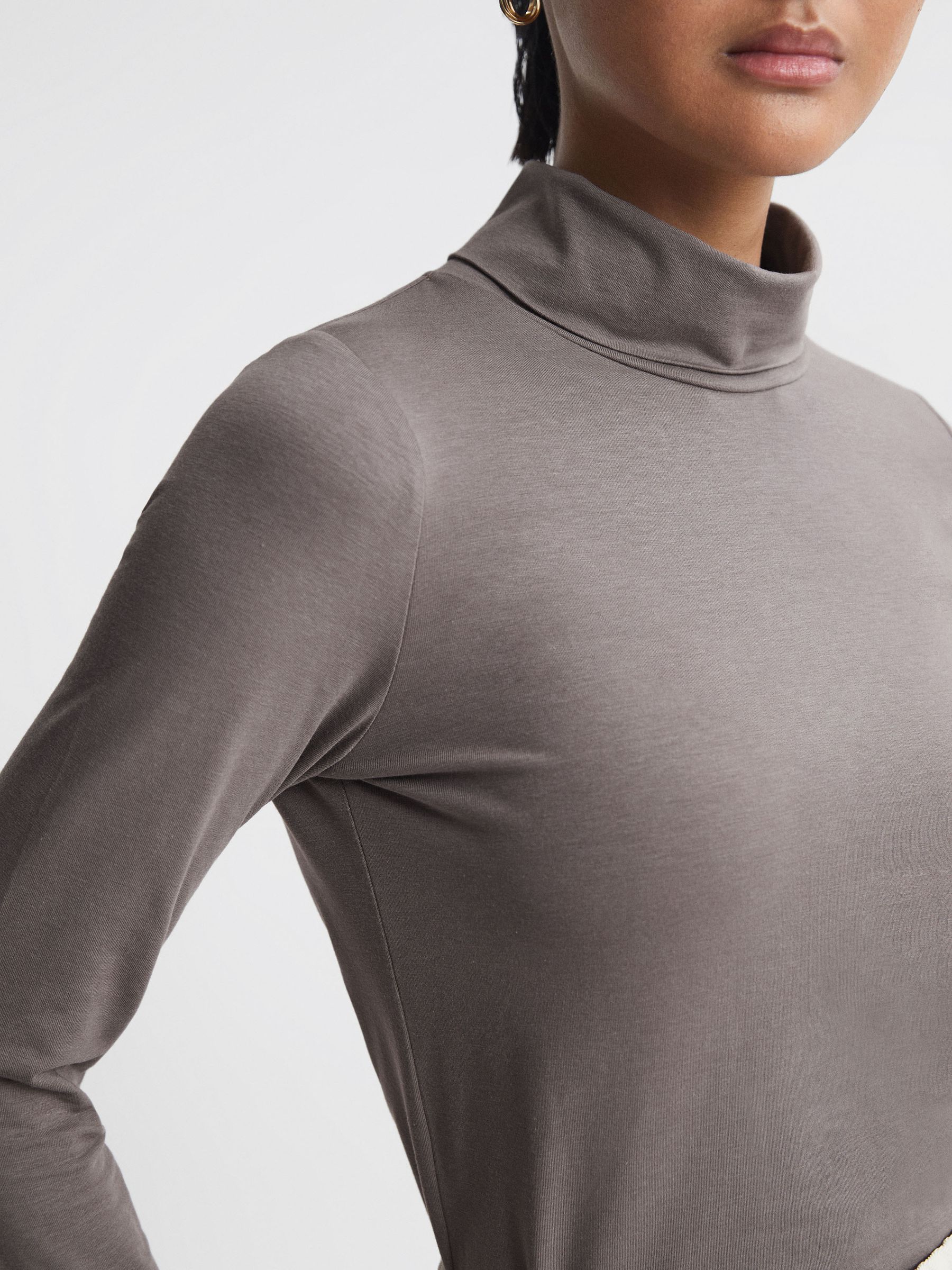 Fitted Roll Neck T-Shirt in Taupe - Image 1 of 5 Fitted Roll Neck T-Shirt in Taupe - Image 1 of 5