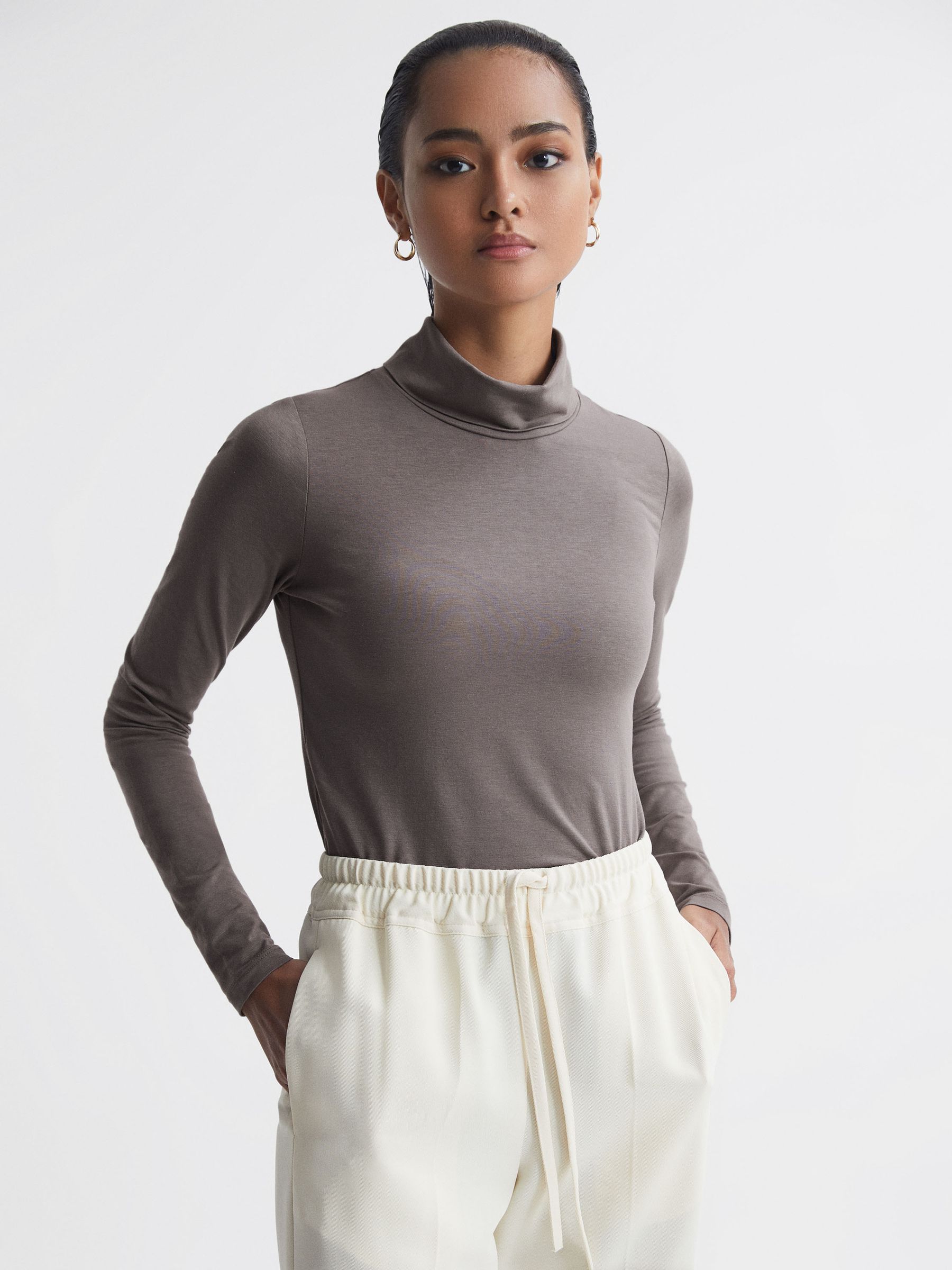 Fitted Roll Neck T-Shirt in Taupe - Image 4 of 5