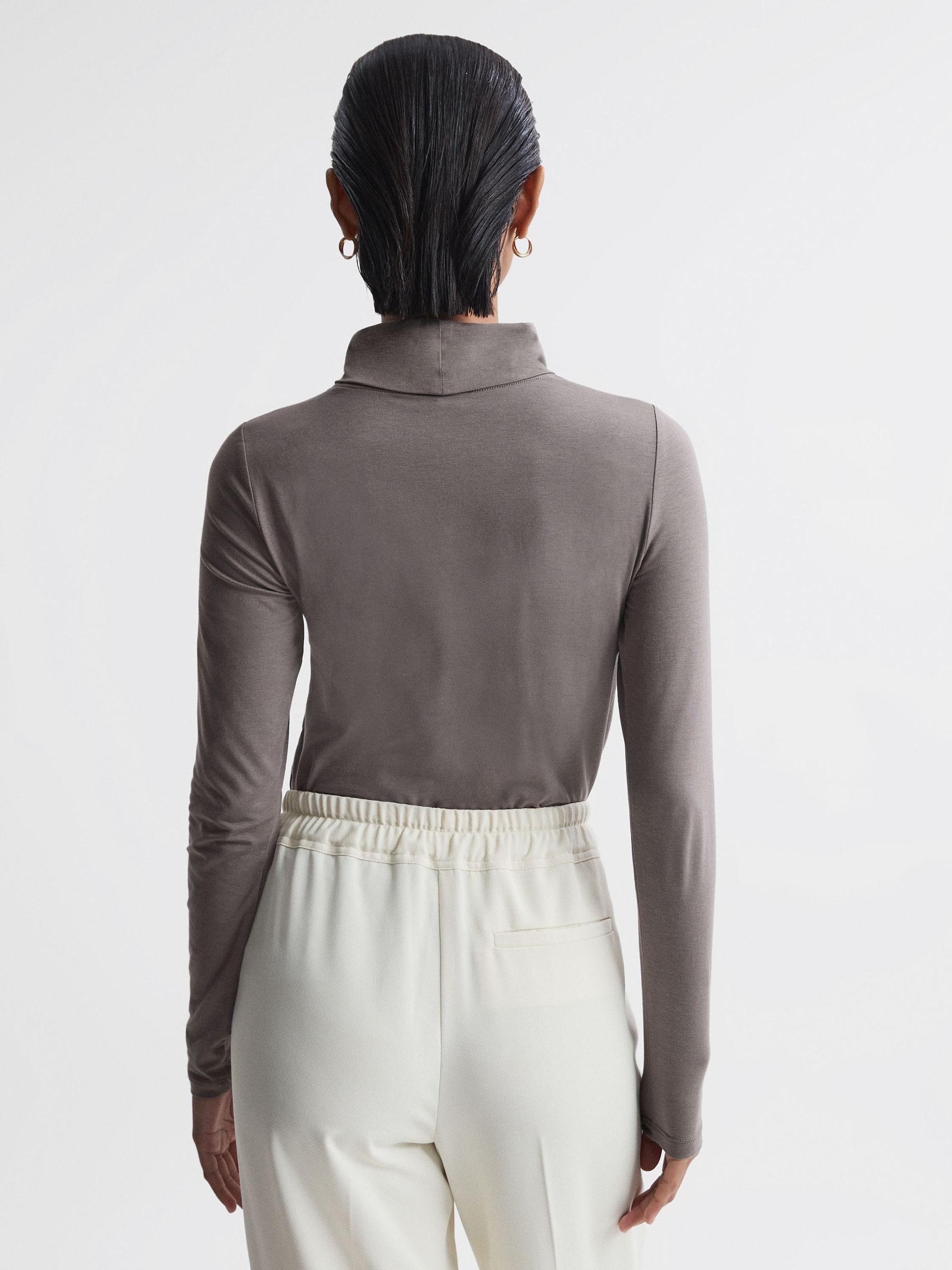 Fitted Roll Neck T-Shirt in Taupe - Image 5 of 5
