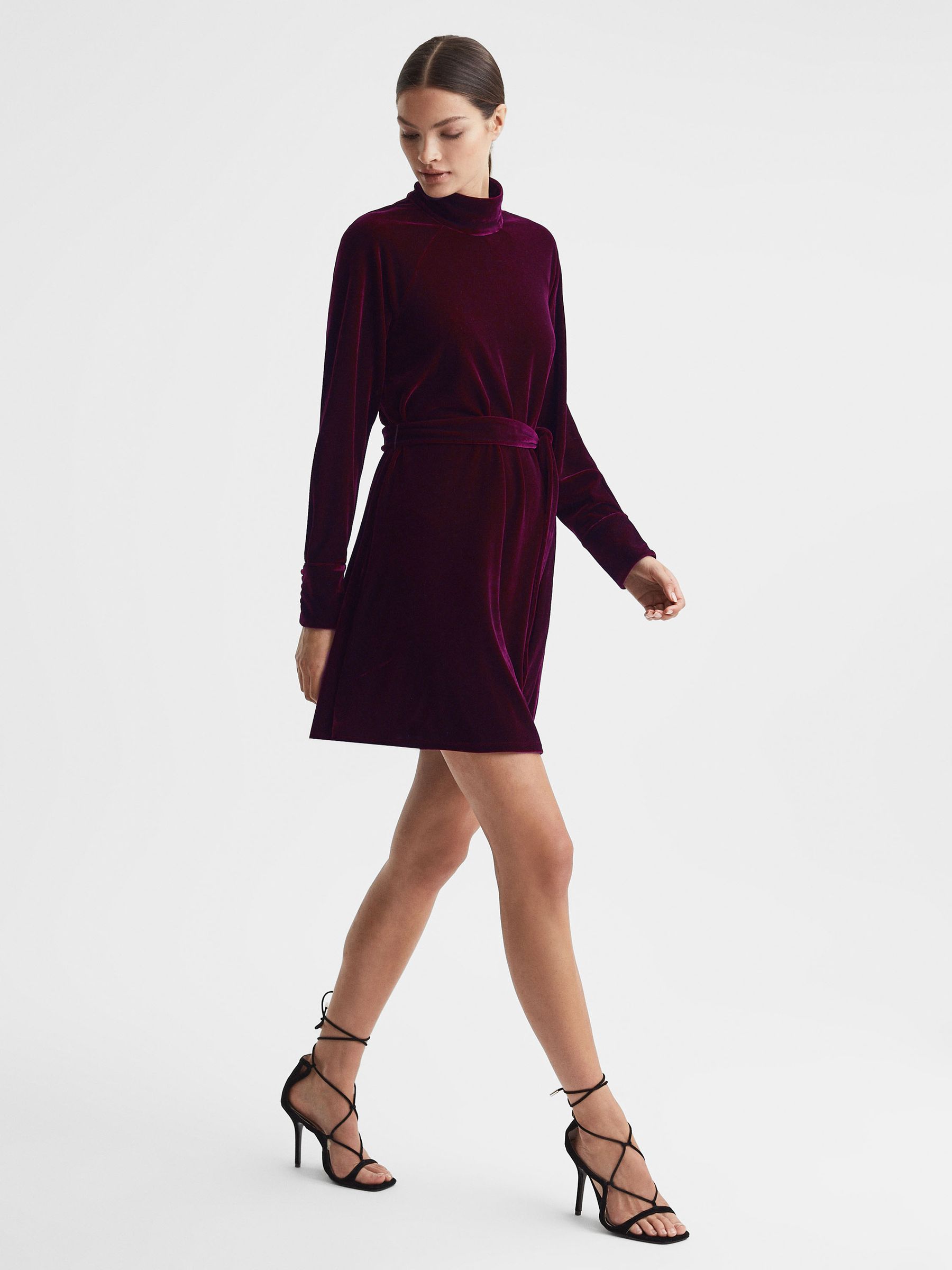 Reiss Velvet Belted Mini Dress in Berry REISS
