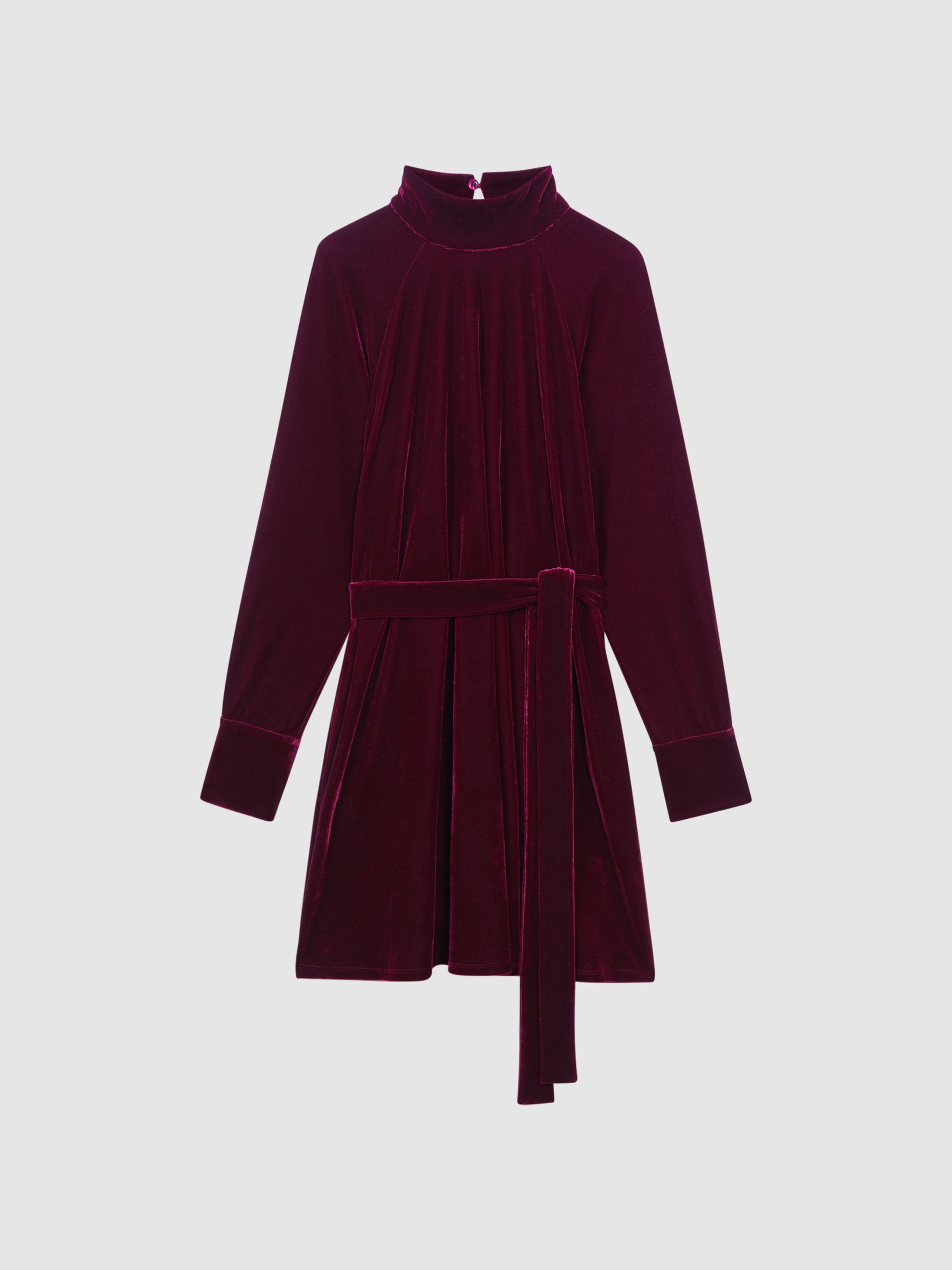 Velvet Belted Mini Dress in Berry - Image 2 of 7