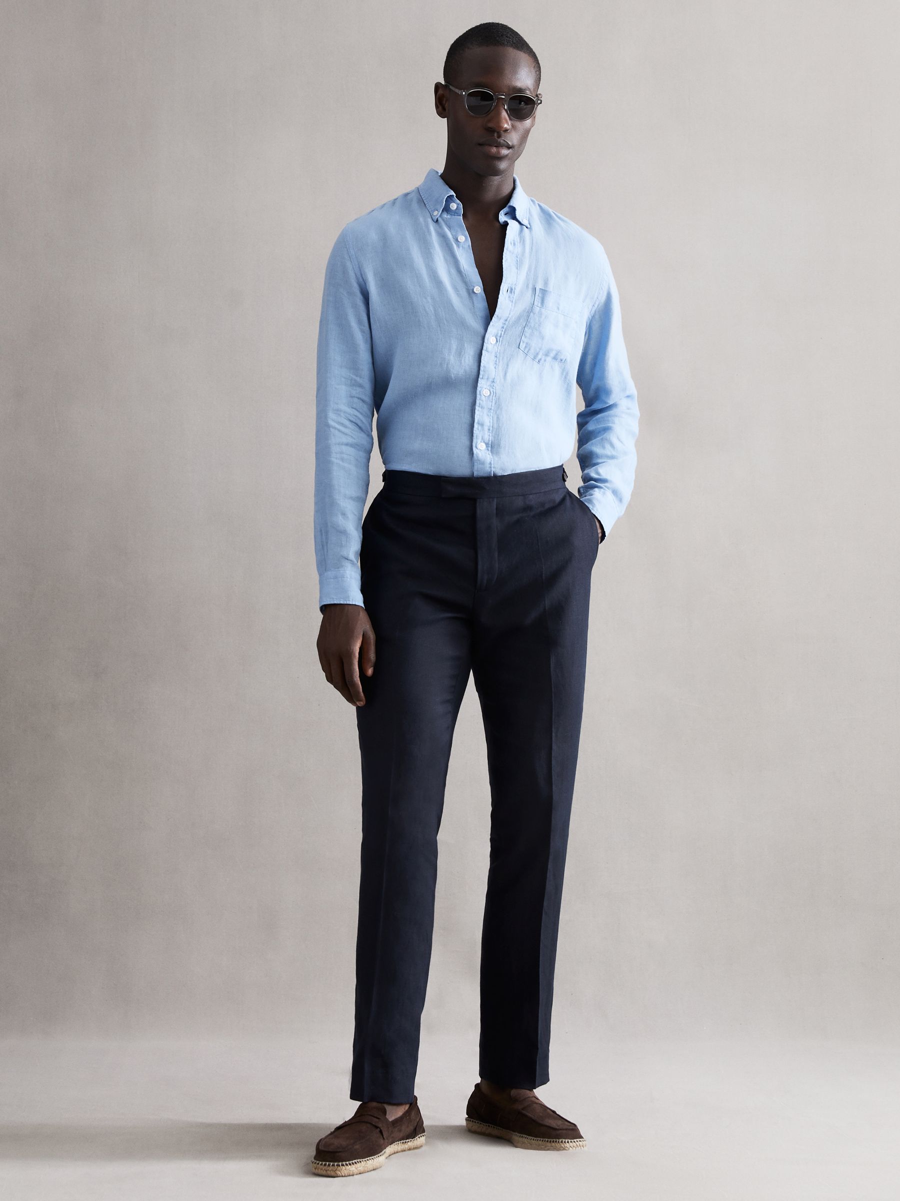 Slim Fit Linen Trousers in Navy - Image 1 of 4
