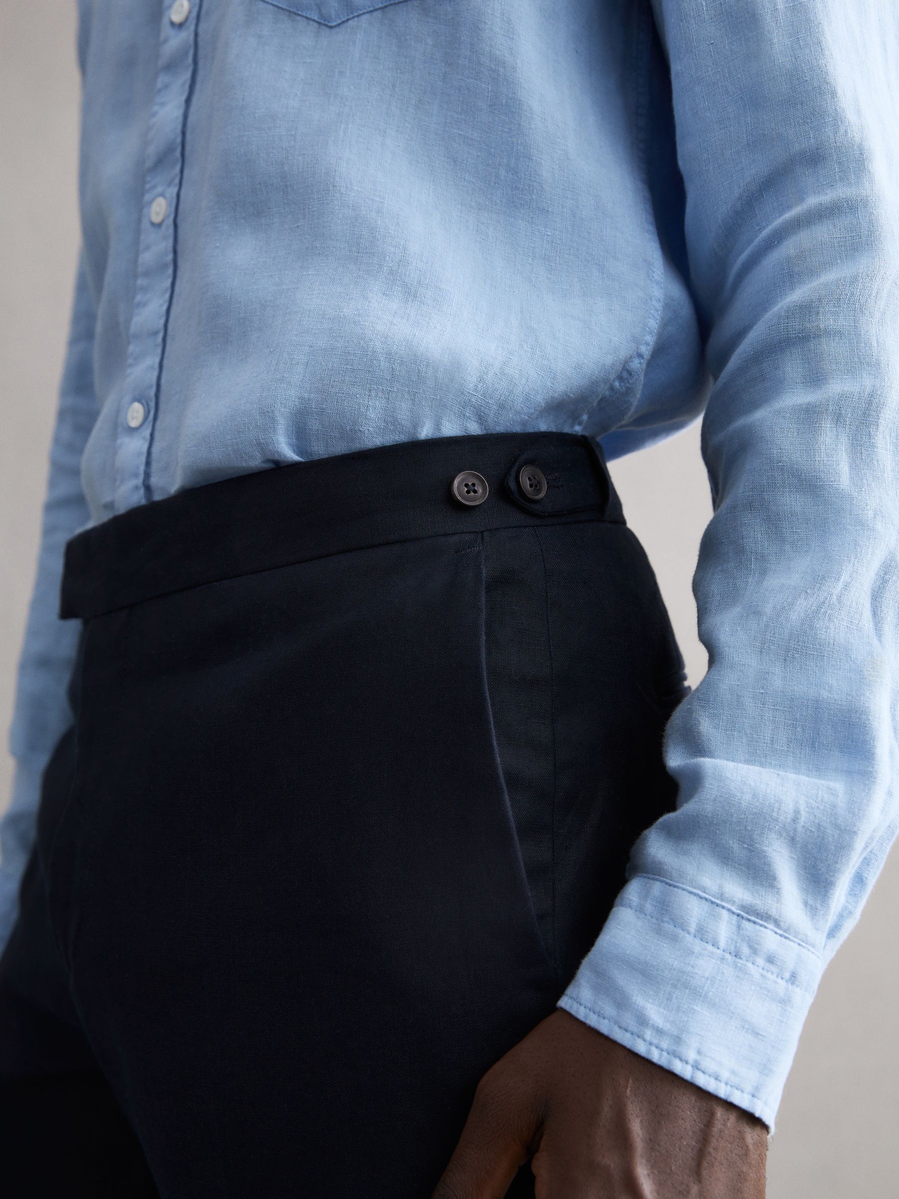 Slim Fit Linen Trousers in Navy - Image 3 of 4