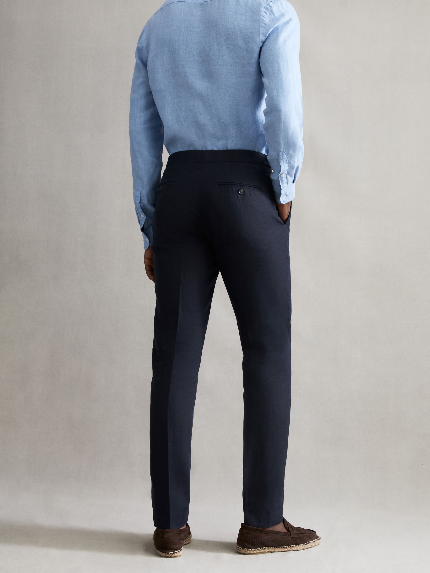Slim Fit Linen Trousers in Navy - Image 4 of 4