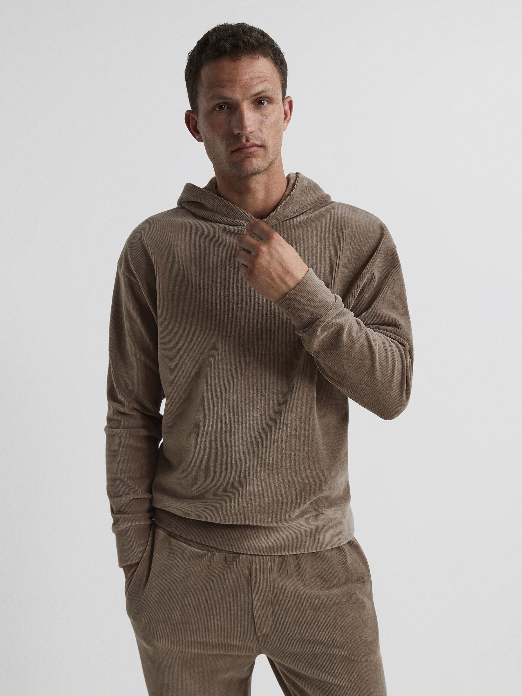 Velour Cord Hooded Sweatshirt in Mocha - Image 1 of 5