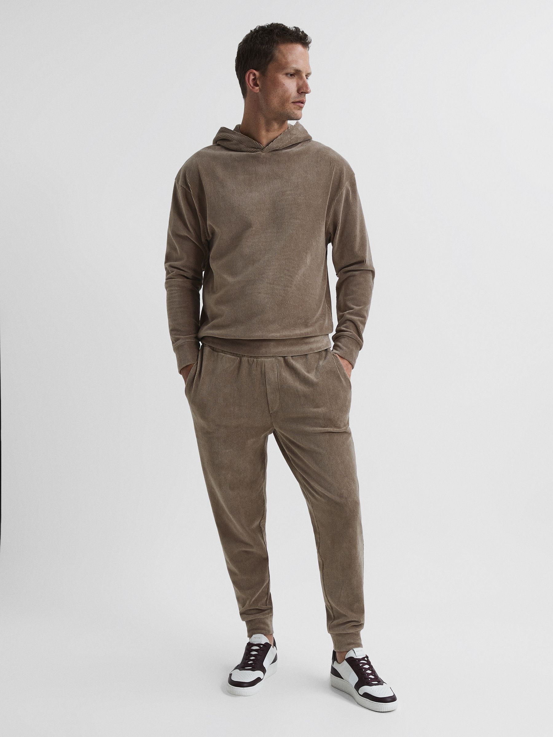 Velour Cord Hooded Sweatshirt in Mocha - Image 3 of 5