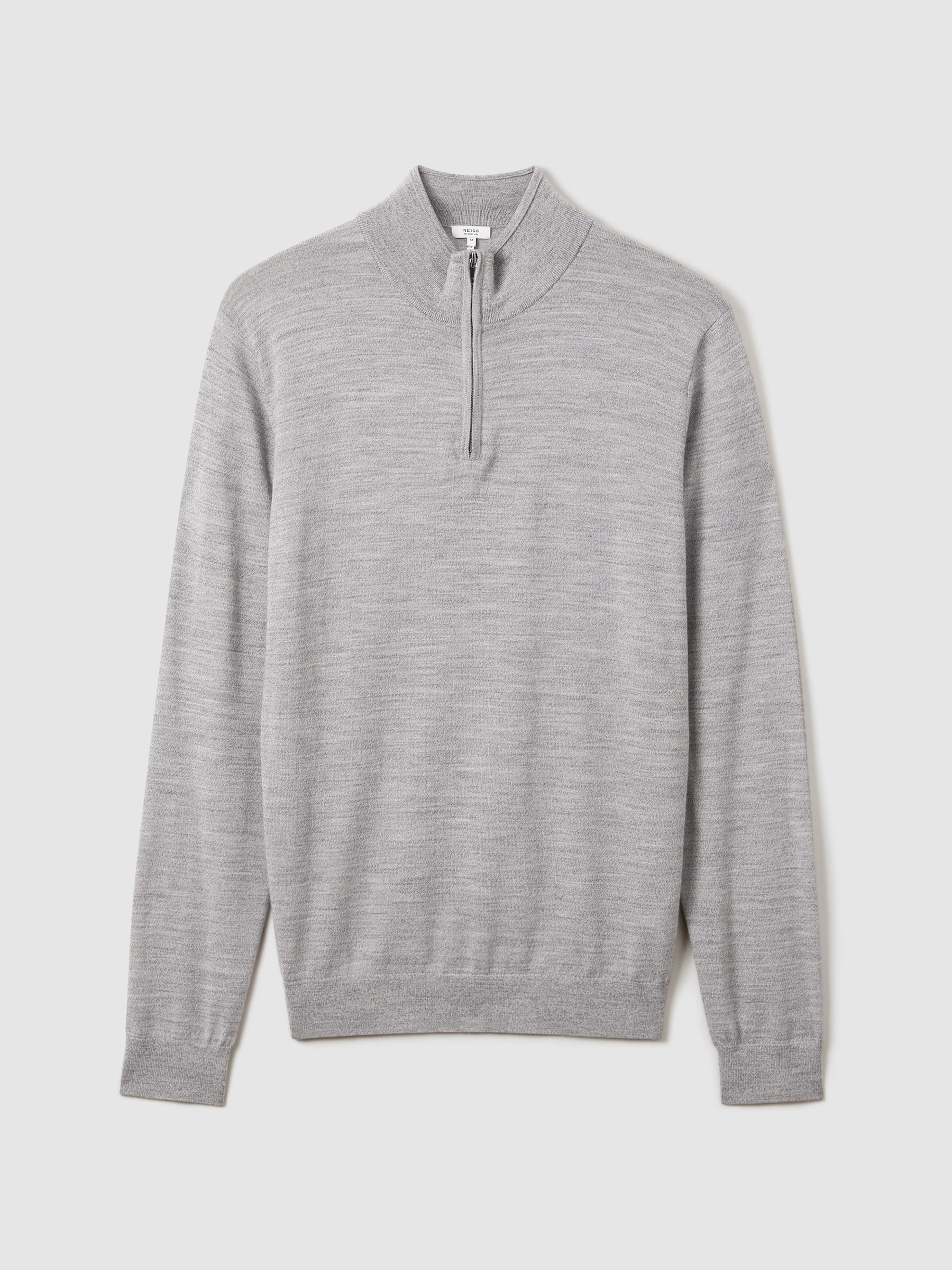 Merino Wool Half-Zip Funnel Neck Jumper in Soft Grey Mouline - Image 2 of 5