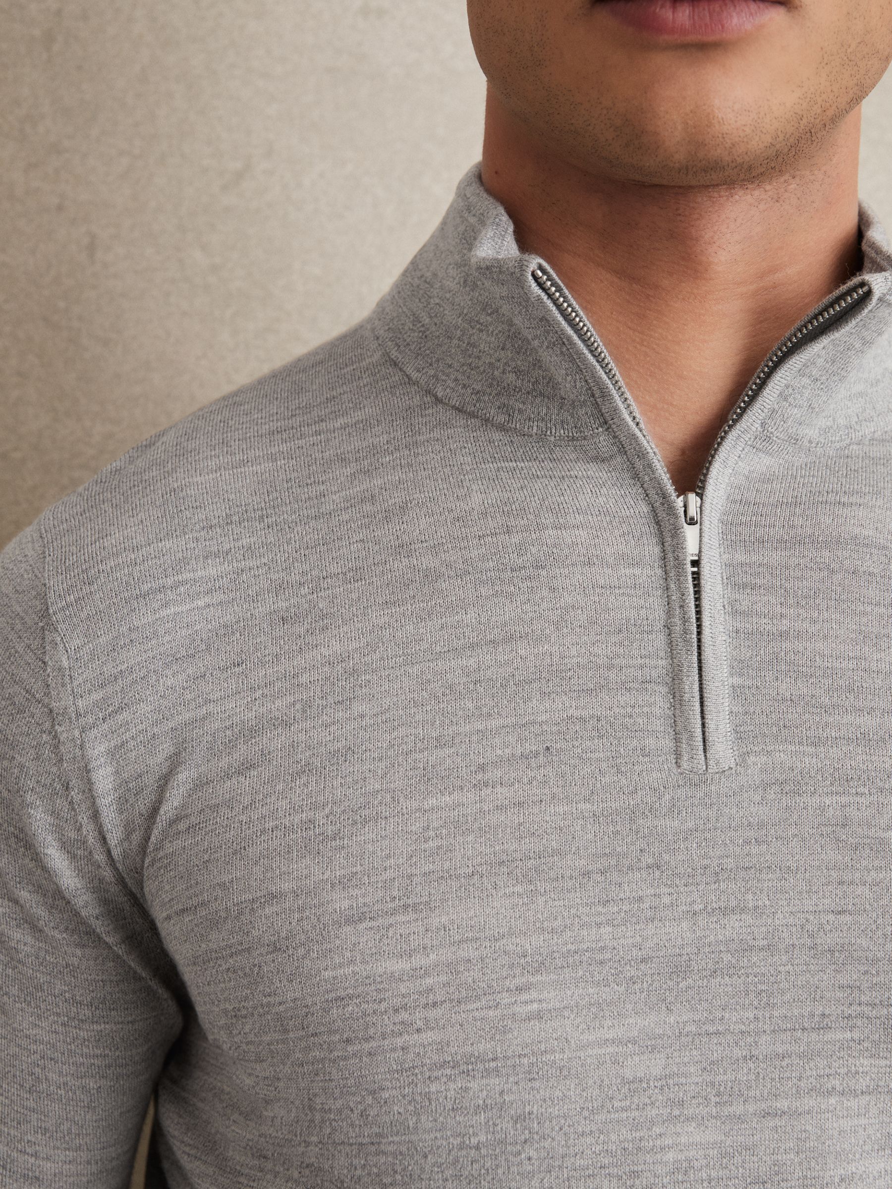 Merino Wool Half-Zip Funnel Neck Jumper in Soft Grey Mouline - Image 3 of 5