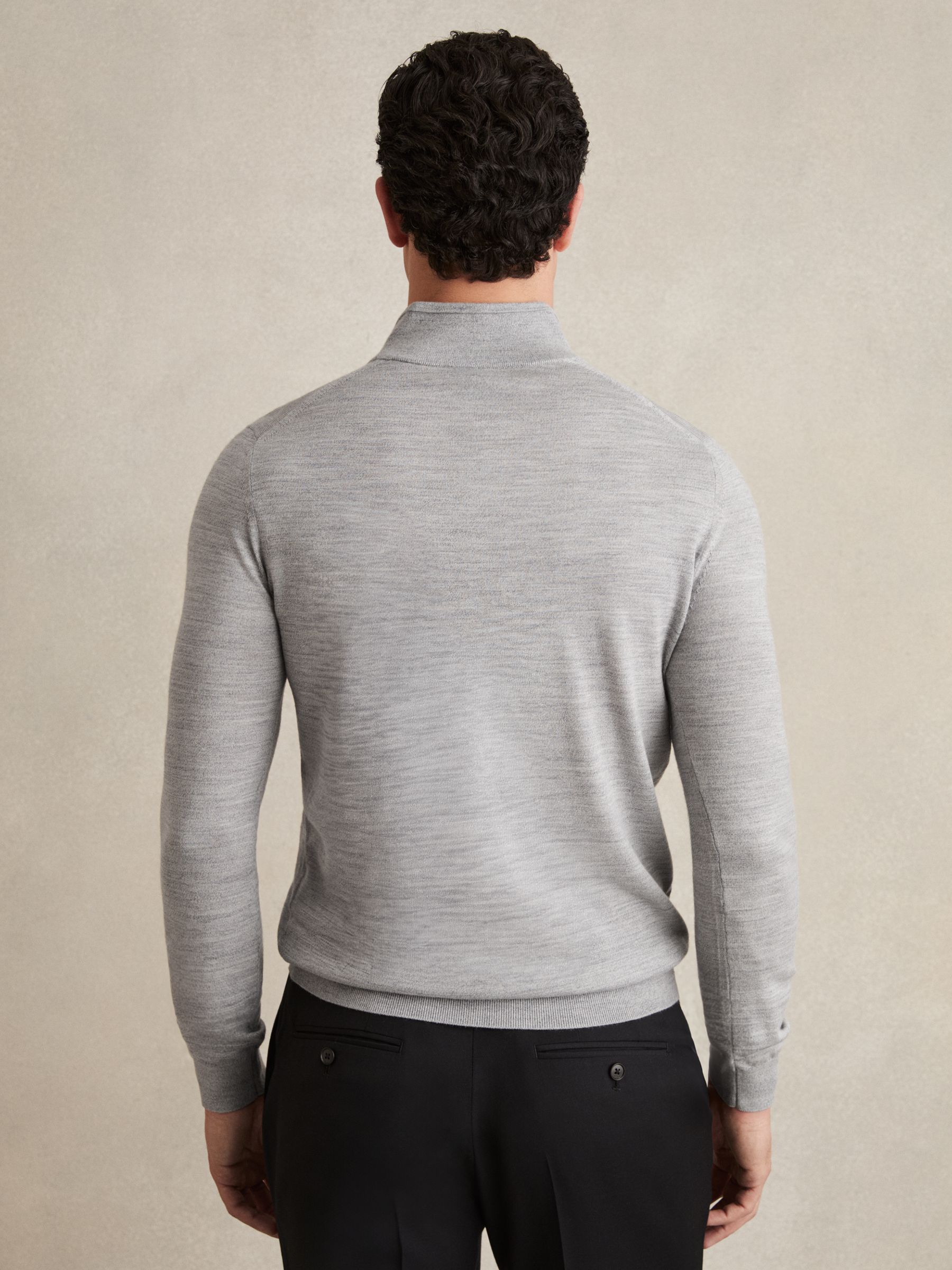 Merino Wool Half-Zip Funnel Neck Jumper in Soft Grey Mouline - Image 4 of 5