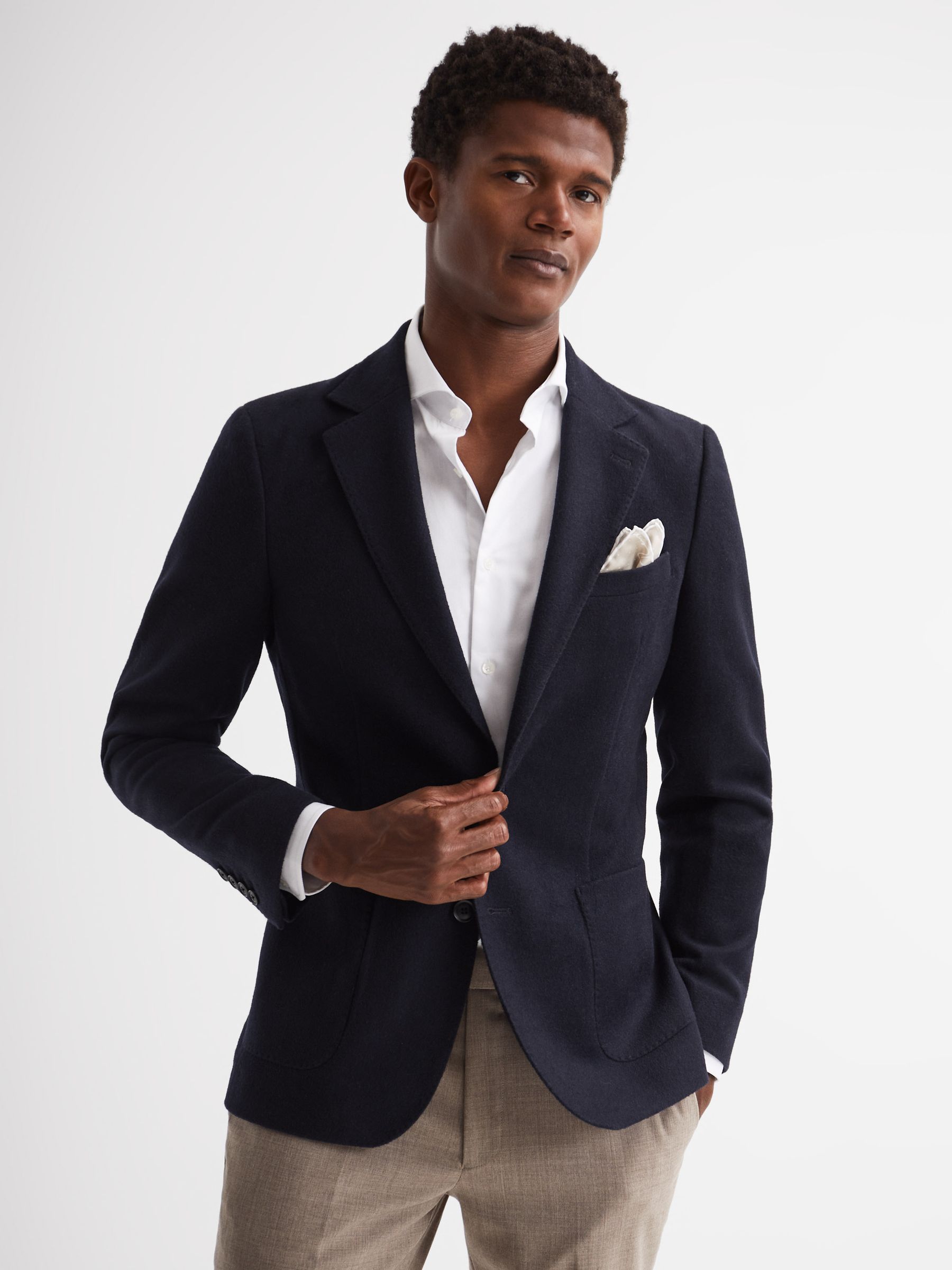 Single Breasted Slim Fit Flannel Blazer in Navy - Image 1 of 7 Single Breasted Slim Fit Flannel Blazer in Navy - Image 1 of 7