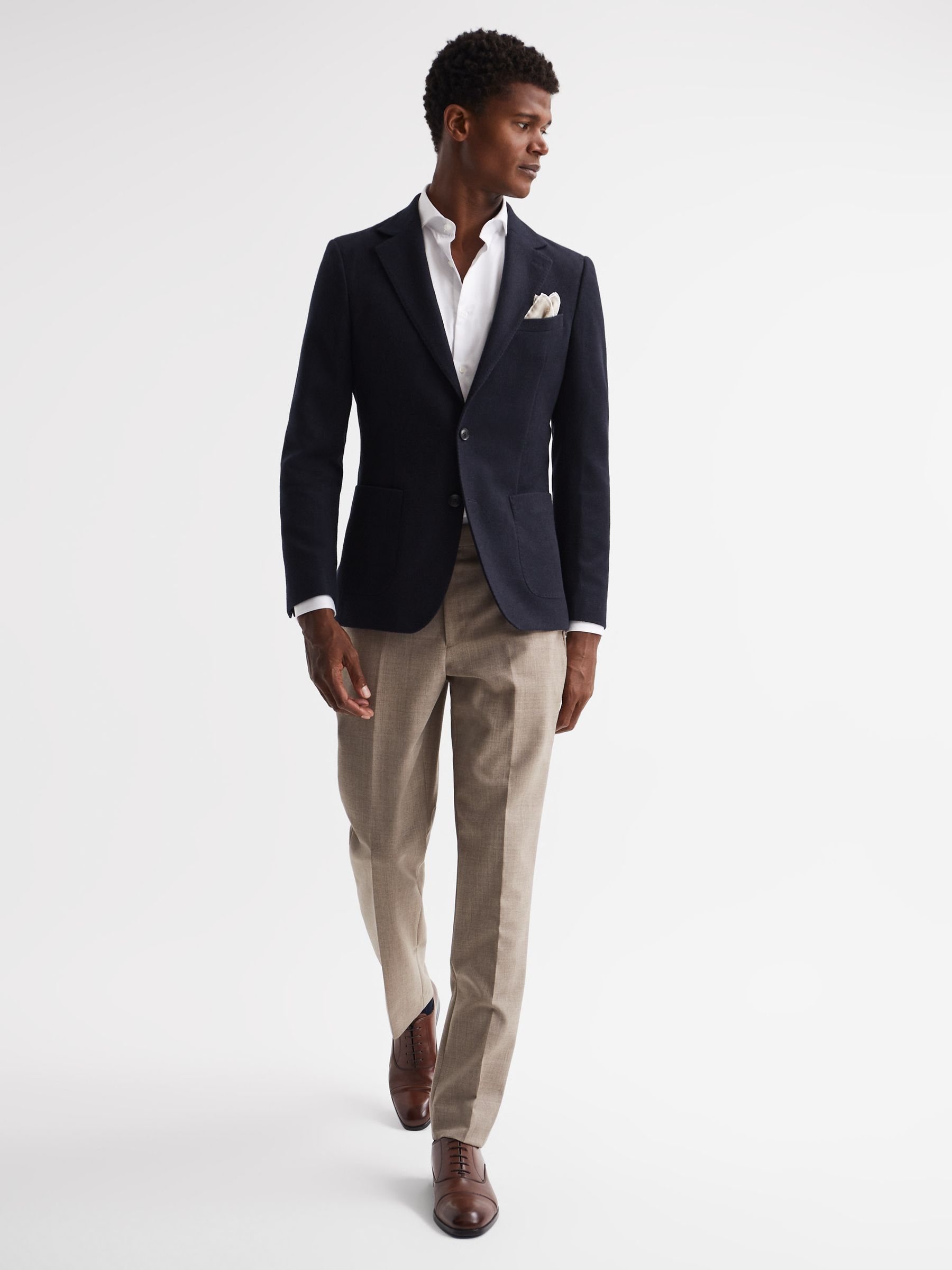 Single Breasted Slim Fit Flannel Blazer in Navy - Image 3 of 7