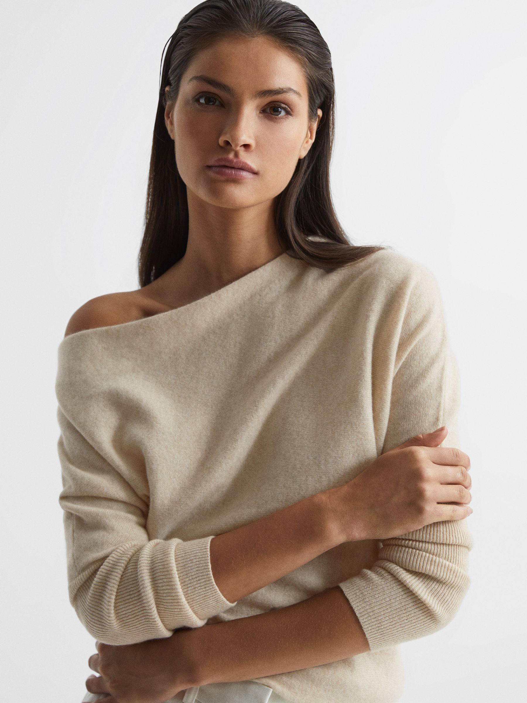 Cashmere Slash Neck Knitted Jumper in Neutral - Image 1 of 6