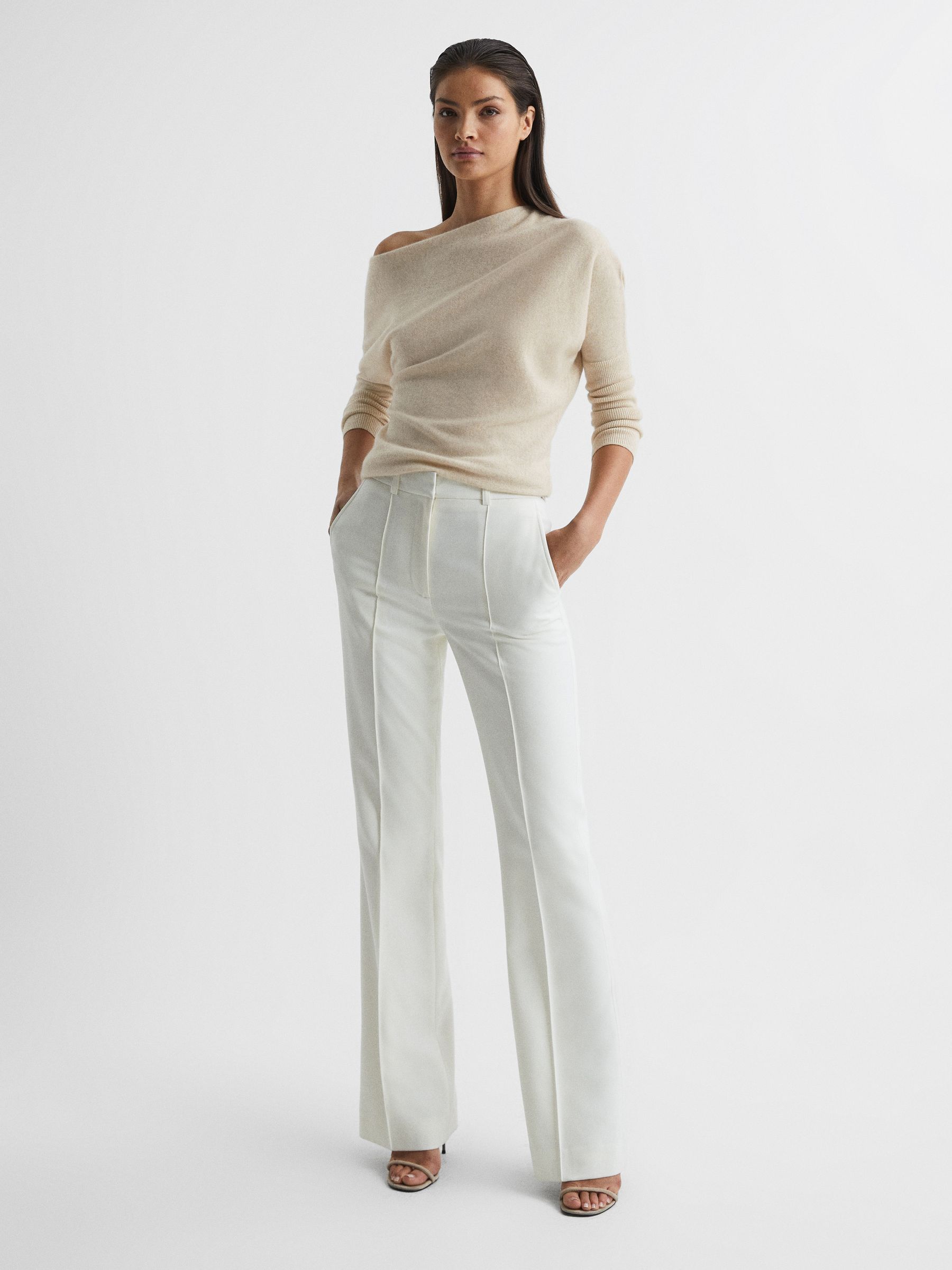 Cashmere Slash Neck Knitted Jumper in Neutral - Image 3 of 6