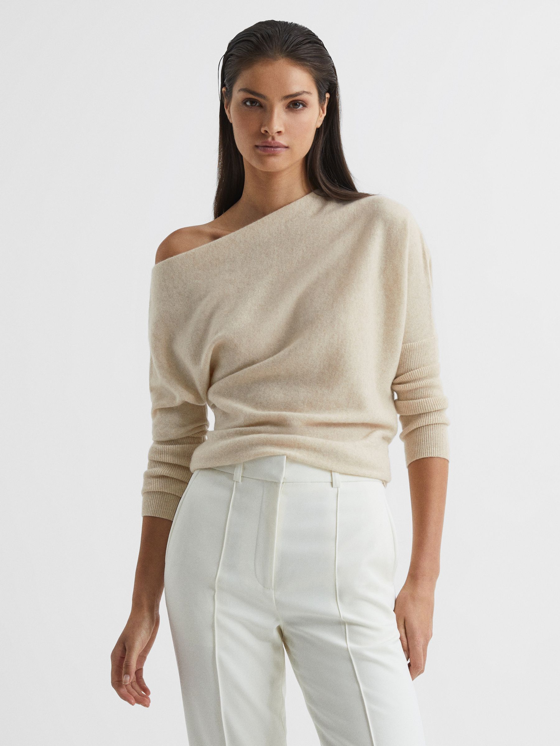 Cashmere Slash Neck Knitted Jumper in Neutral - Image 4 of 6