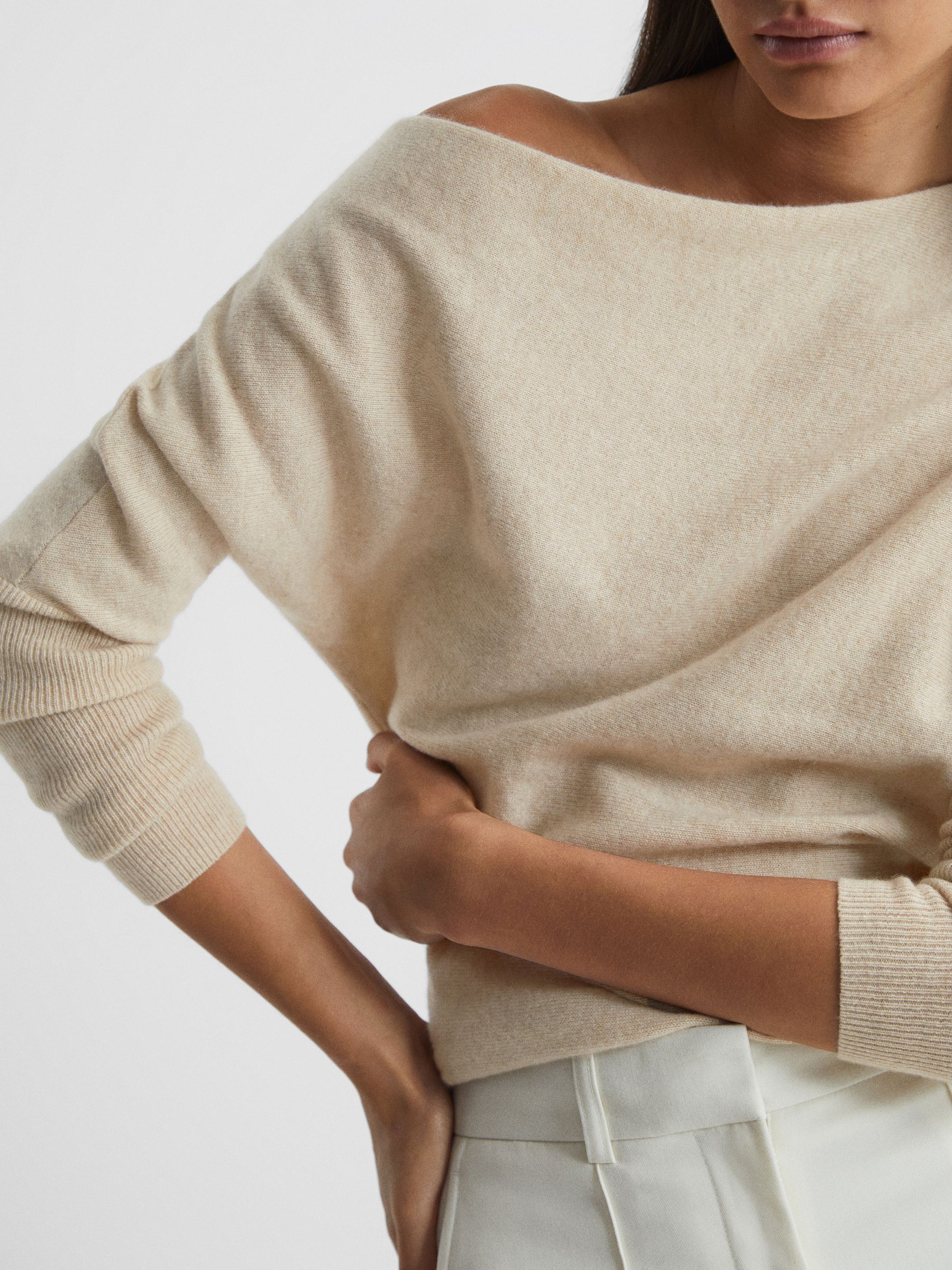 Cashmere Slash Neck Knitted Jumper in Neutral - Image 6 of 6