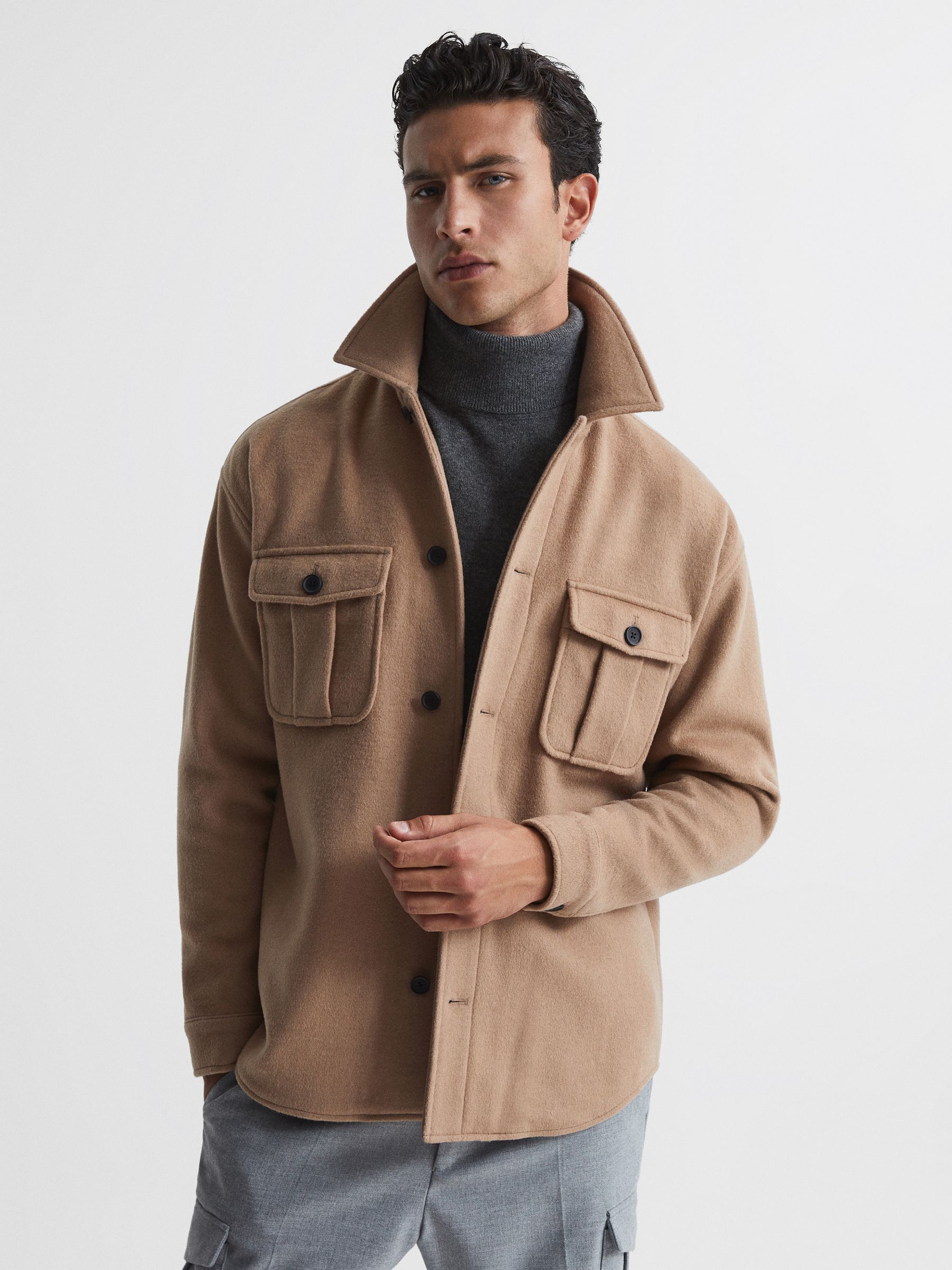 Wool Blend Brushed Overshirt in Camel - Image 1 of 5