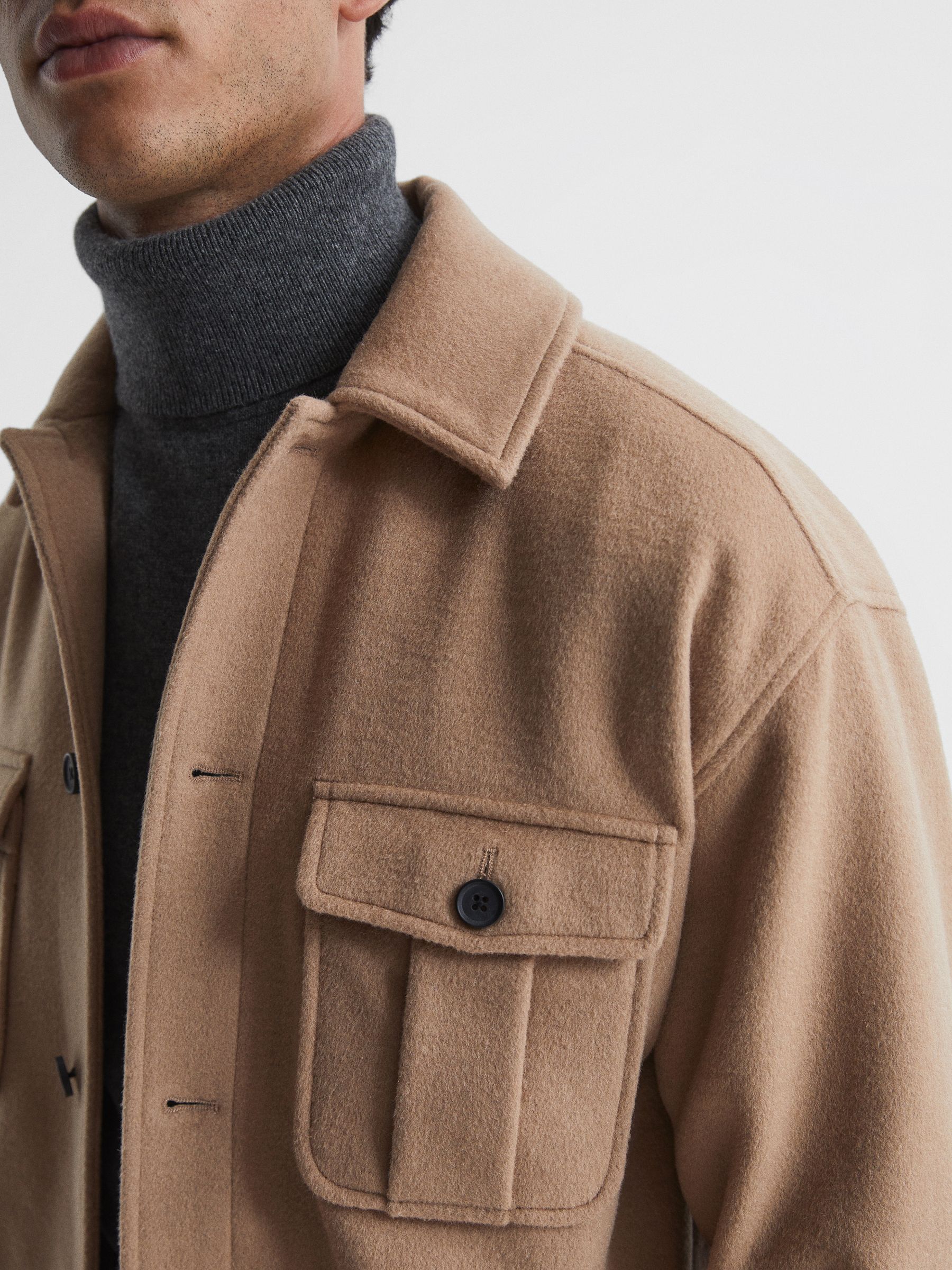 Wool Blend Brushed Overshirt in Camel - Image 4 of 5