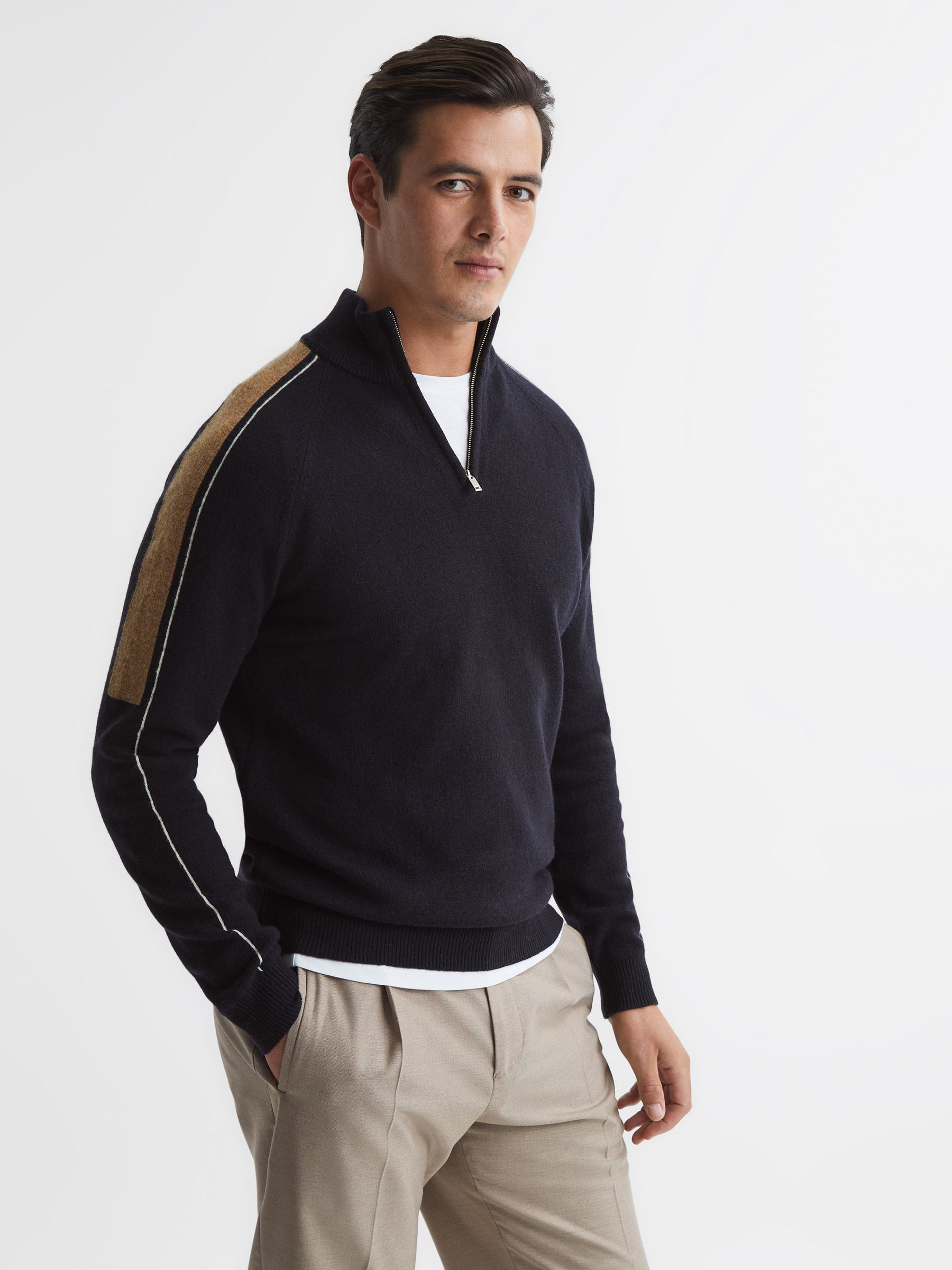 Half Zip Colourblock Wool Jumper in Navy - Image 1 of 6 Half Zip Colourblock Wool Jumper in Navy - Image 1 of 6