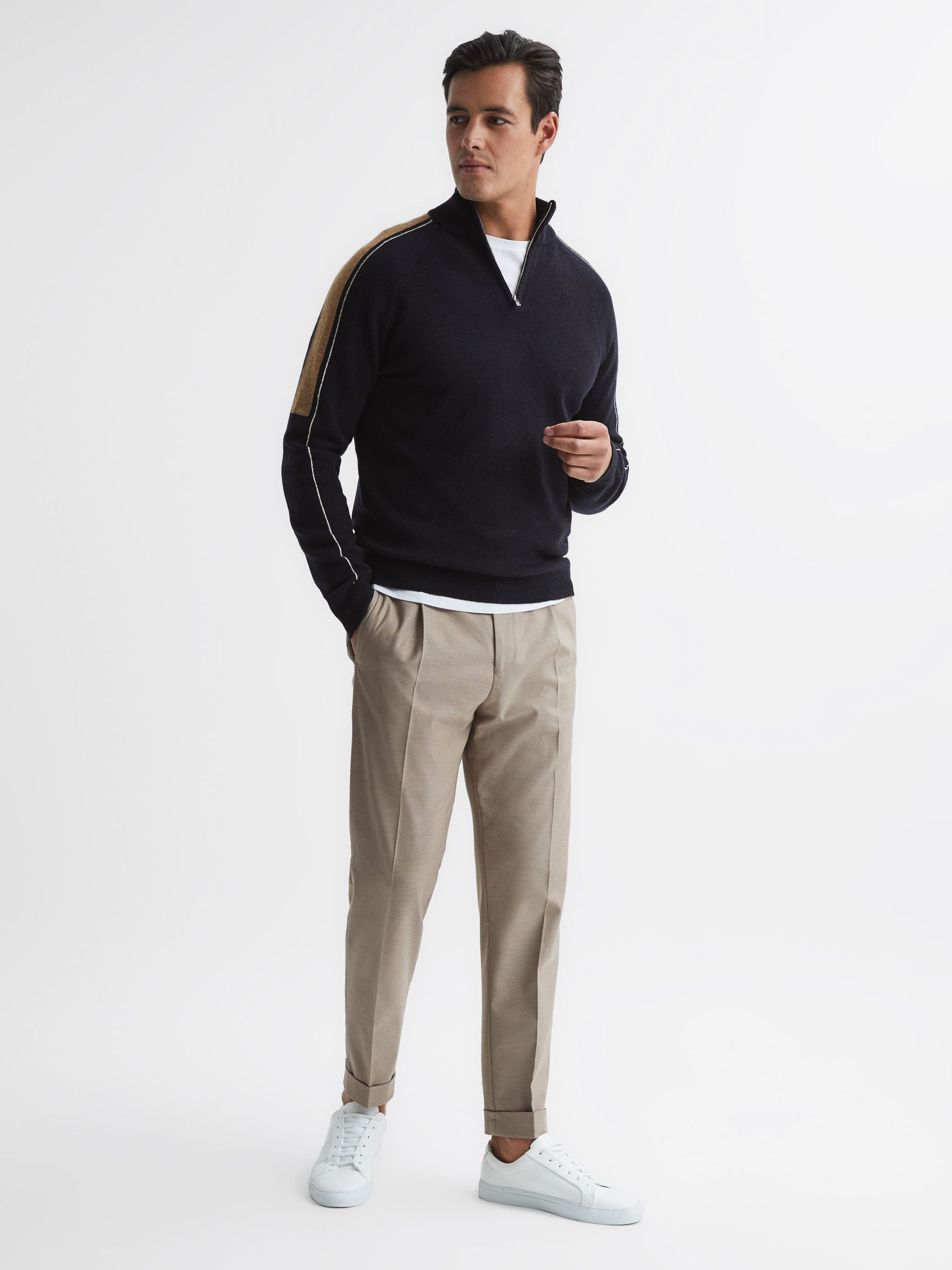 Half Zip Colourblock Wool Jumper in Navy - Image 3 of 6