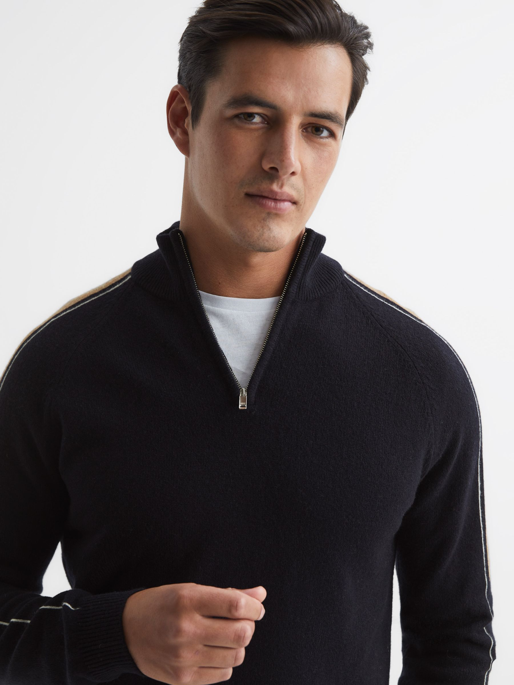 Half Zip Colourblock Wool Jumper in Navy - Image 4 of 6