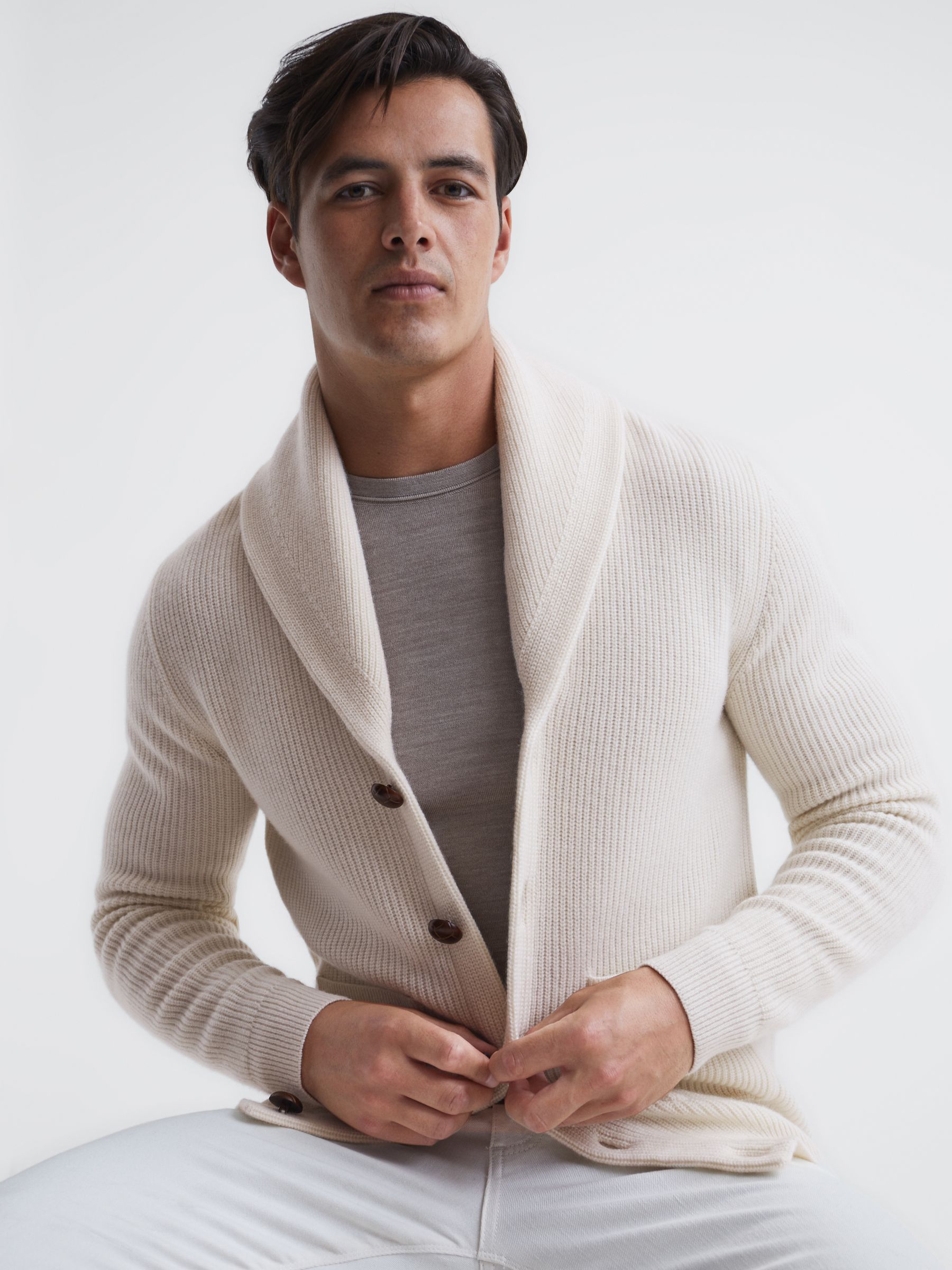 Shawl Collar Cashmere Cardigan in Ecru - Image 1 of 6