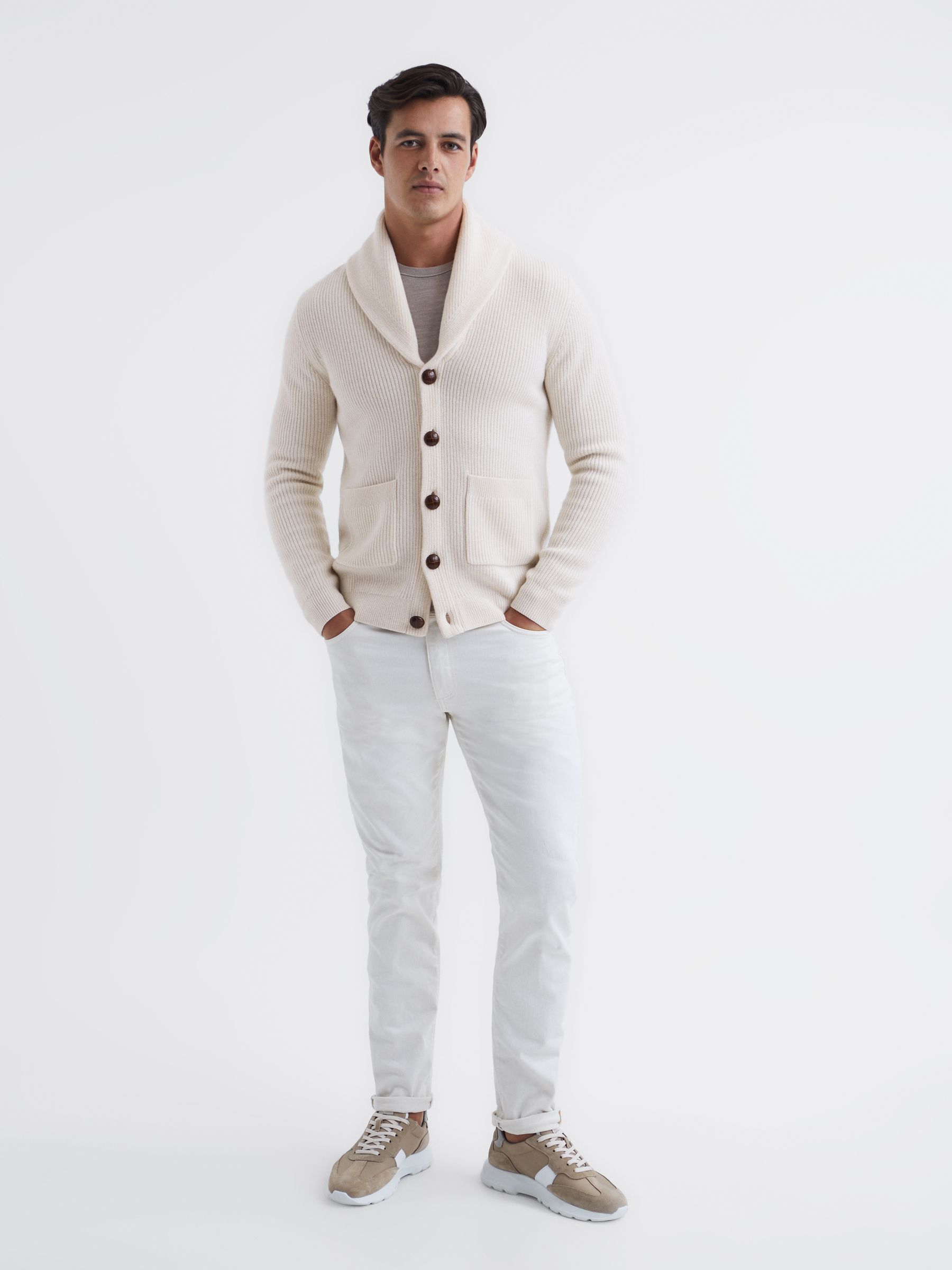 Shawl Collar Cashmere Cardigan in Ecru - Image 3 of 6