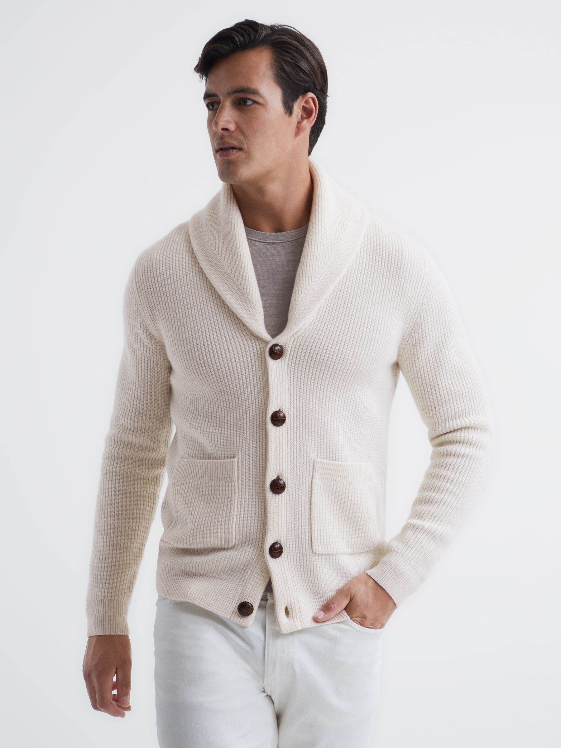 Shawl Collar Cashmere Cardigan in Ecru - Image 4 of 6