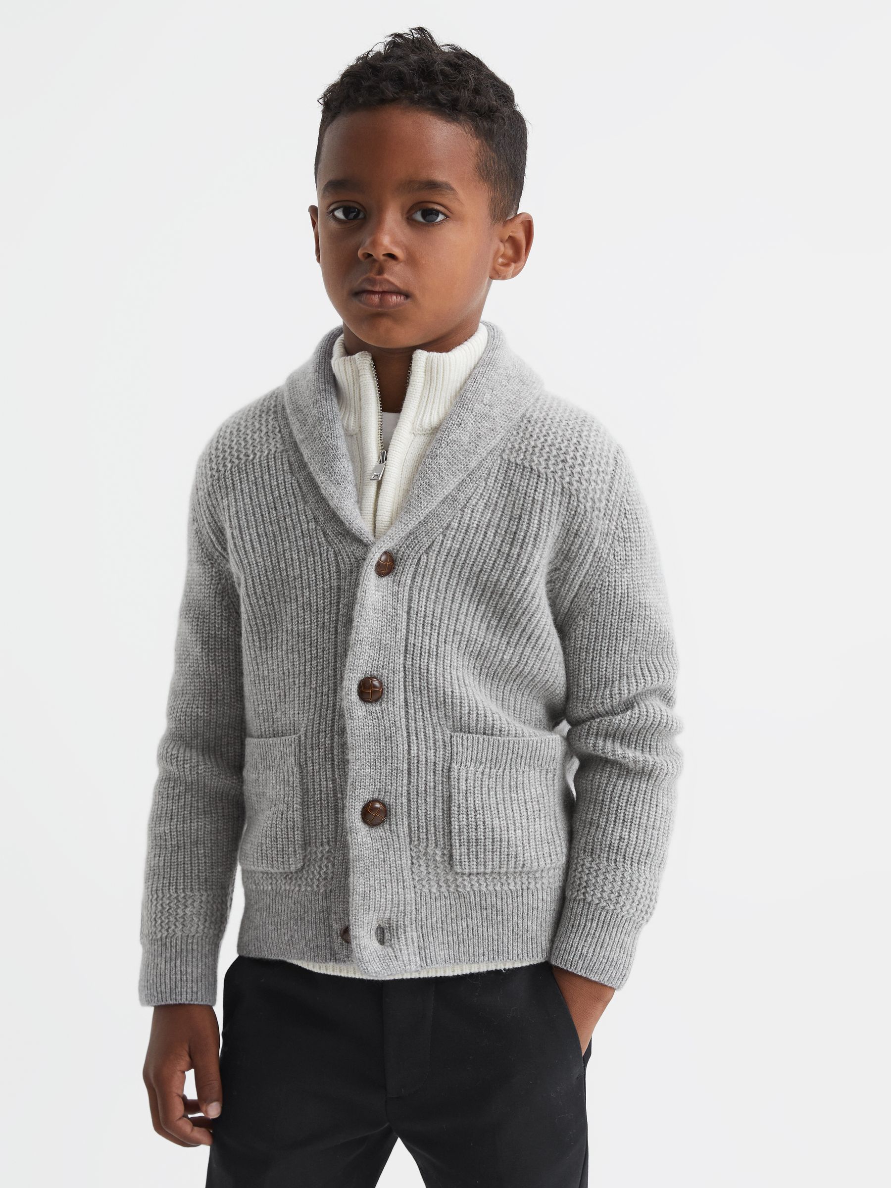 Senior Shawl Collar Cashmere Cardigan in Soft Grey Melange - Image 1 of 6