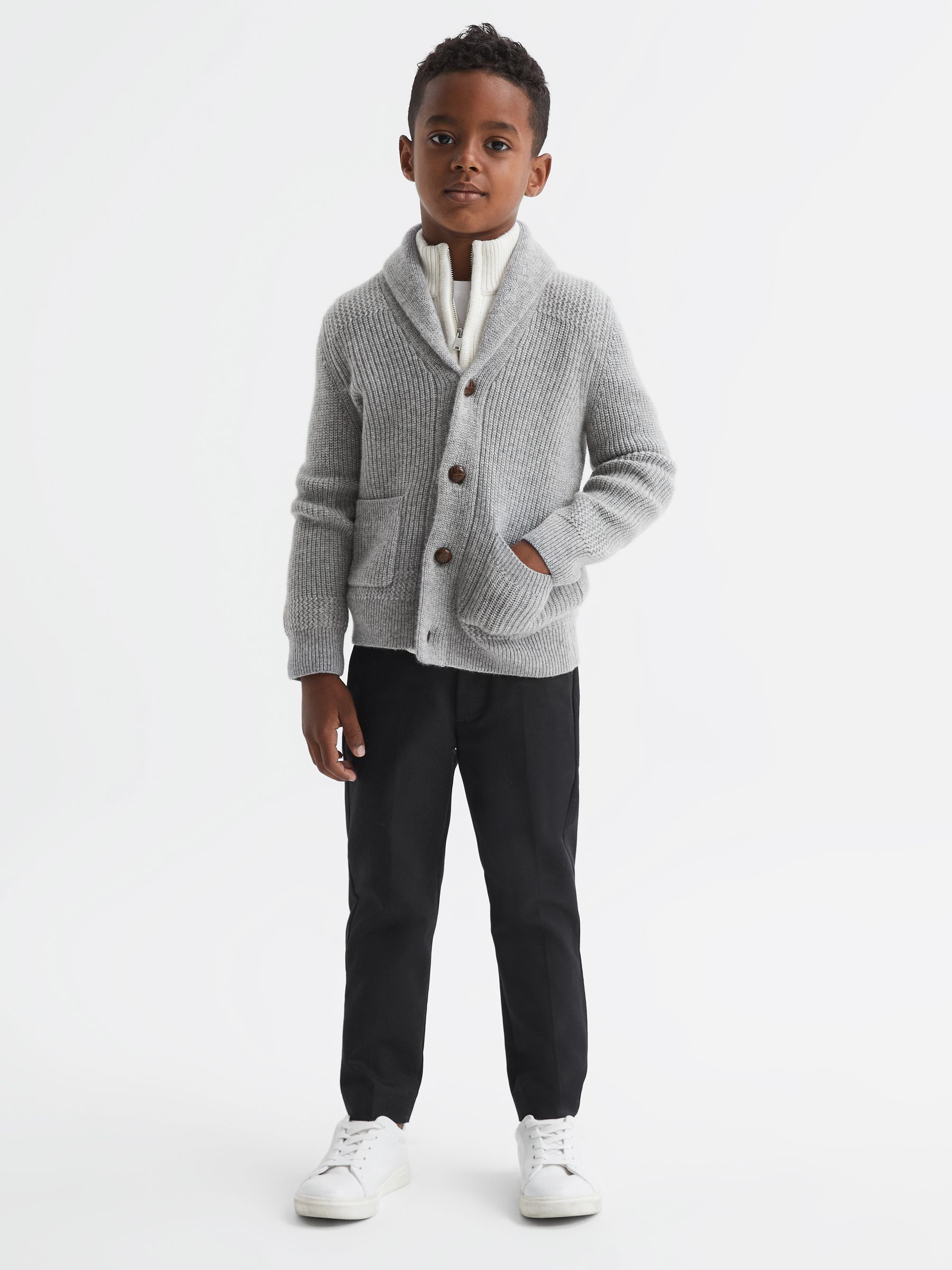 Senior Shawl Collar Cashmere Cardigan in Soft Grey Melange - Image 3 of 6