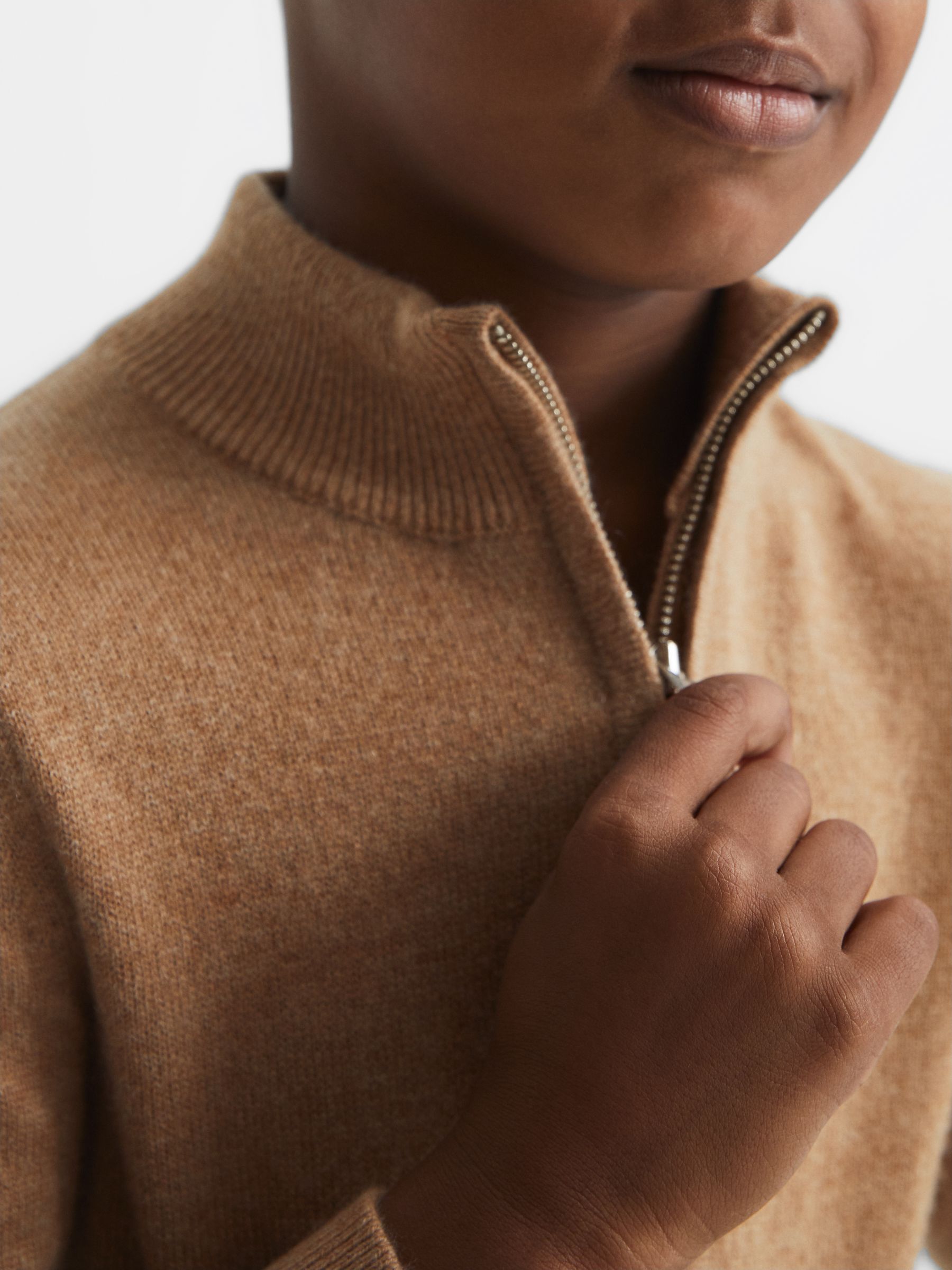 Senior Cashmere Slim Fit Half Zip Jumper in Camel - Image 4 of 8
