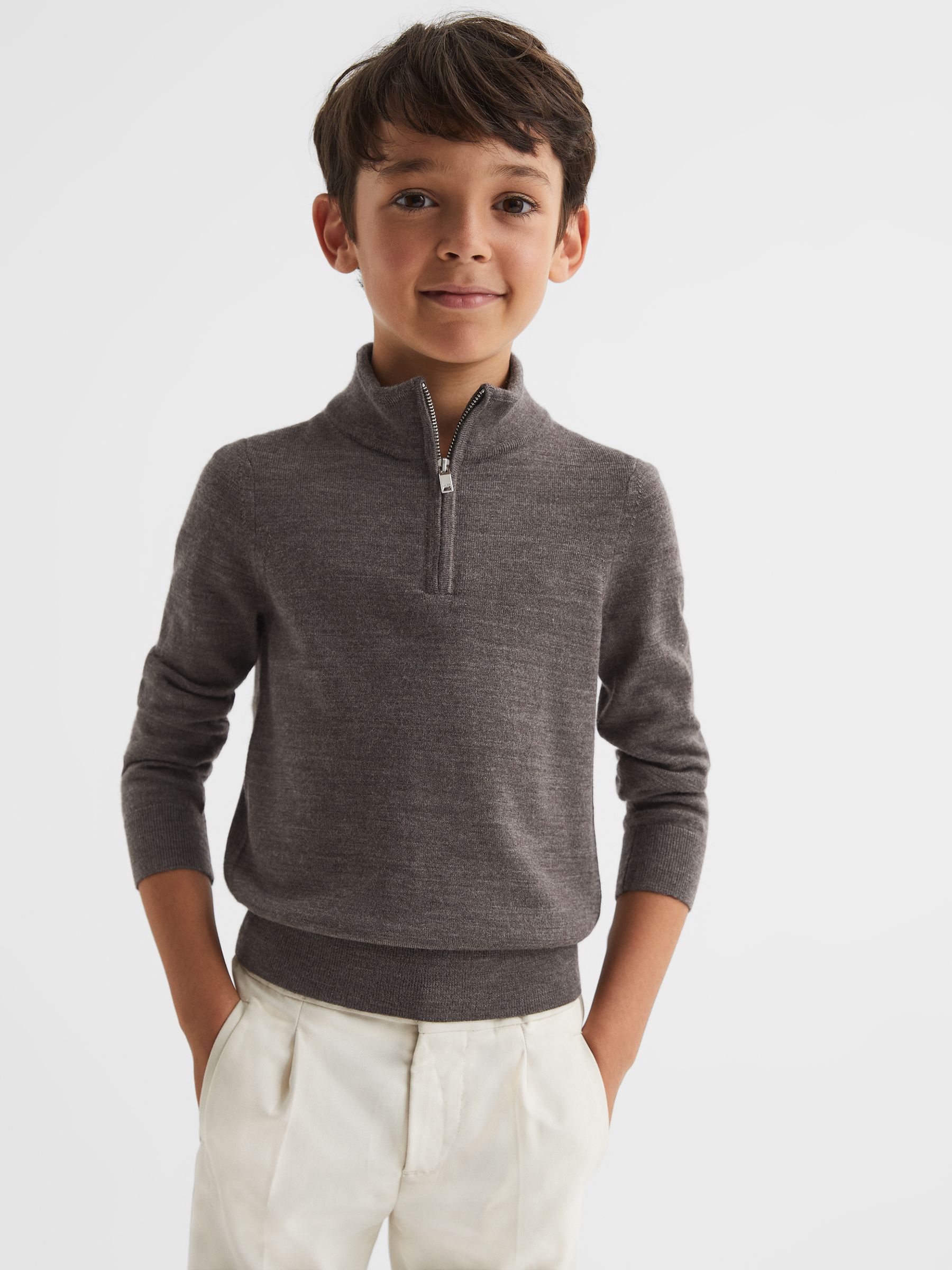 Zip Up Knitted Jumper in Mouse Brown Melange - Image 1 of 11